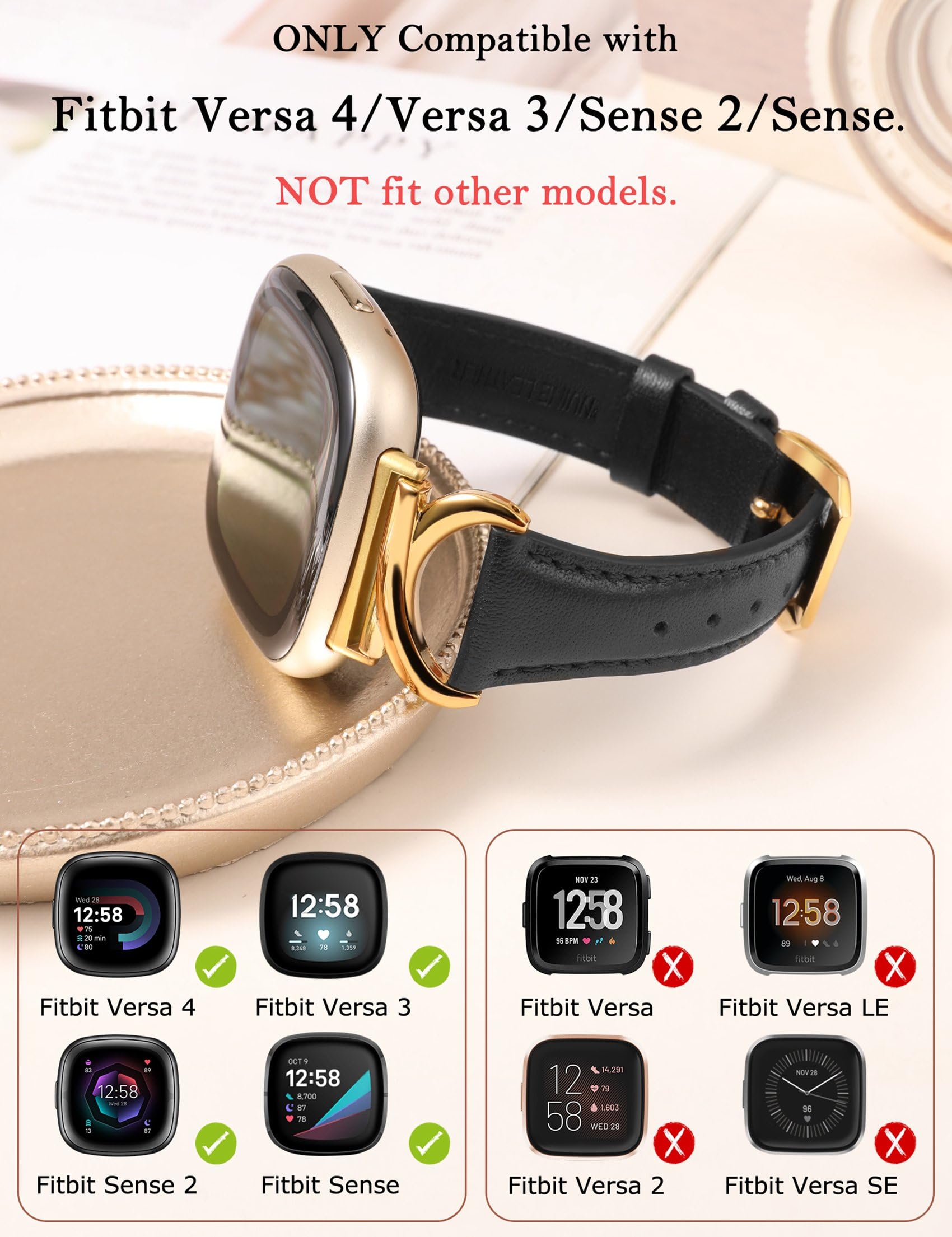 TOYOUTHS Leather Strap Compatible with Fitbit Versa 4/Versa 3/Sense 2 Women Slim Thin Dressy Elegant Premium Leather Strap with C-Shaped Metal Buckle for Versa 4 - Image 2