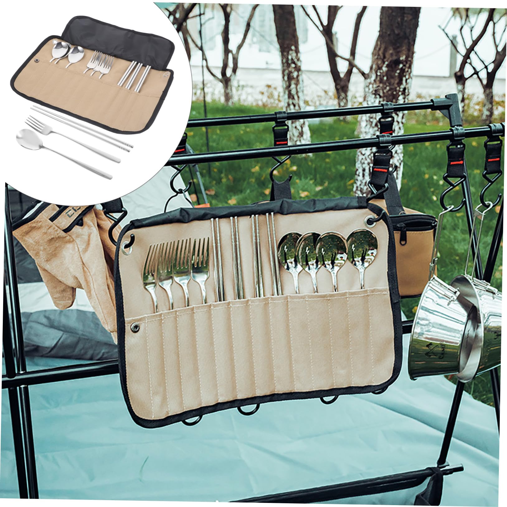 BESTonZON Utensilios para Camping con Estuche Portátil de Nylon Cubiertos Plegables para Picnic y Almacenamiento Compacto para Actividades al Aire y Organización Práctica