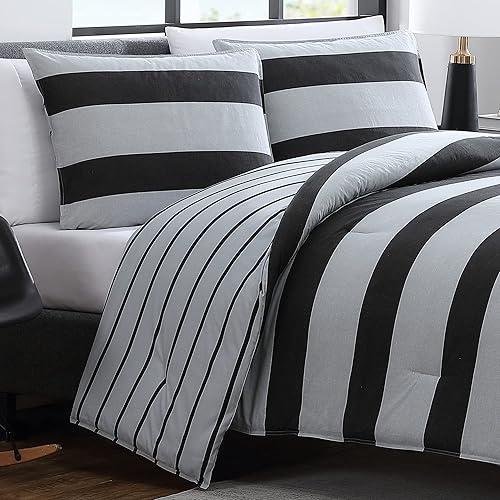 Miniatura 7 de Nautica - Juego de edredón tamaño Queen, juego de ropa de cama reversible de algodón, decoración del hogar de diseño para todas las estaciones (gris