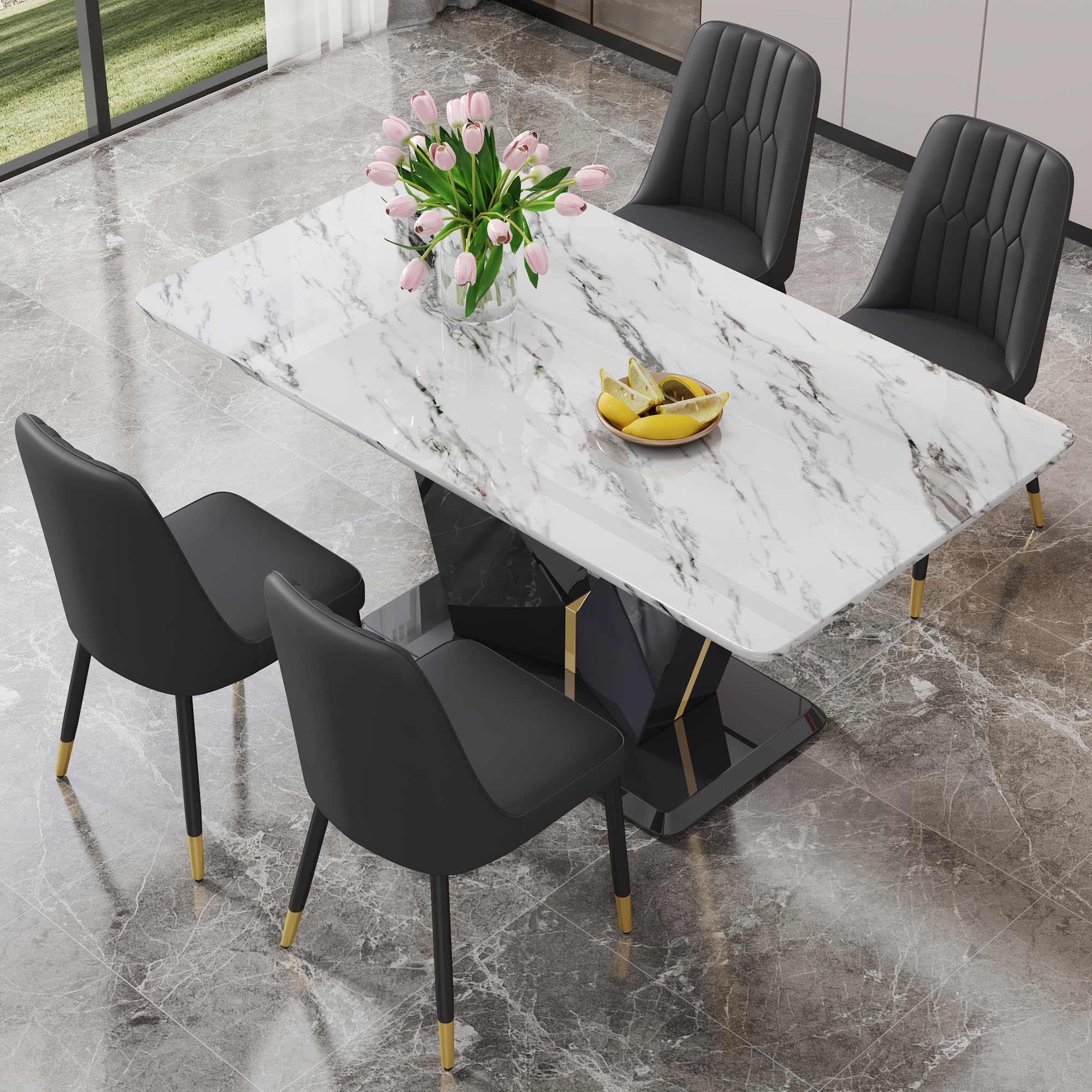 WEKEOT 63" Modern Dining Table Set for 4, White Marble Dining Table with MDF Base and 4 Upholstered Metal Leg Chairs
