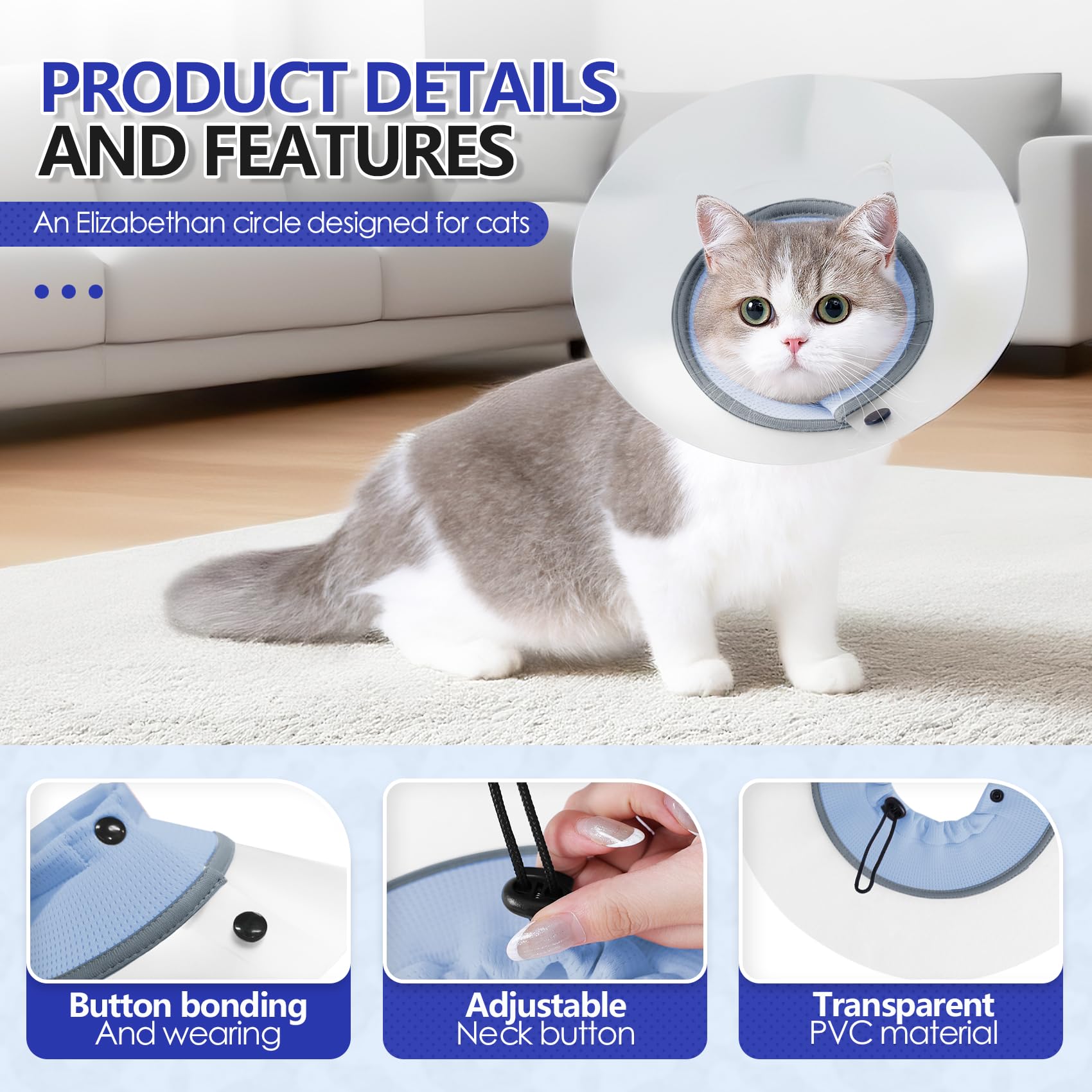 Katzenhalsband, verstellbar, abnehmbar, PVC, wasserdicht, elisabethanisches Halsband, weich, um Lecken nach Operationen zu stoppen, Haustier-Genesungskegel (Blau, M)