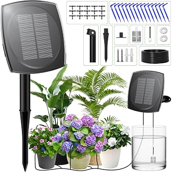 Onherm Solar Irrigation System Automatic Watering System for Garden Greenhouse Balcony 12 Timer Modes and 15 m Hose Drip Irrigation System for Outdoor Potted Plants