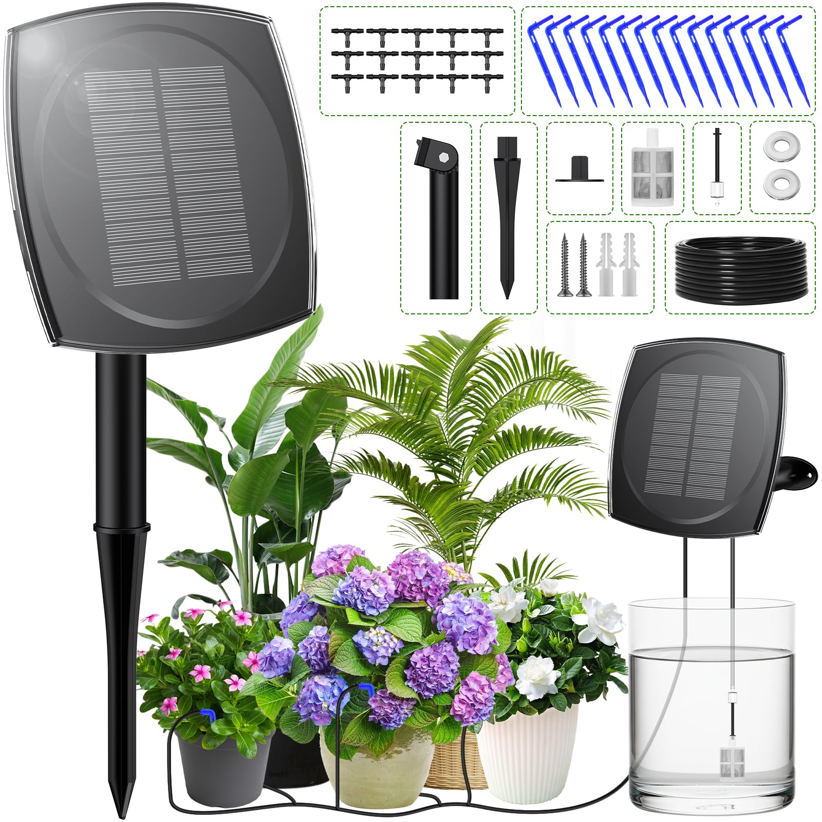 Onherm Arrosage Automatique Solaire, 12 Modes de Minuterie et Tuyau D’Irrigatio 15M, Arrosage Goutte a Goutte Solaire Système Kit pour Jardin, Balcon et Plantes en Extérieur