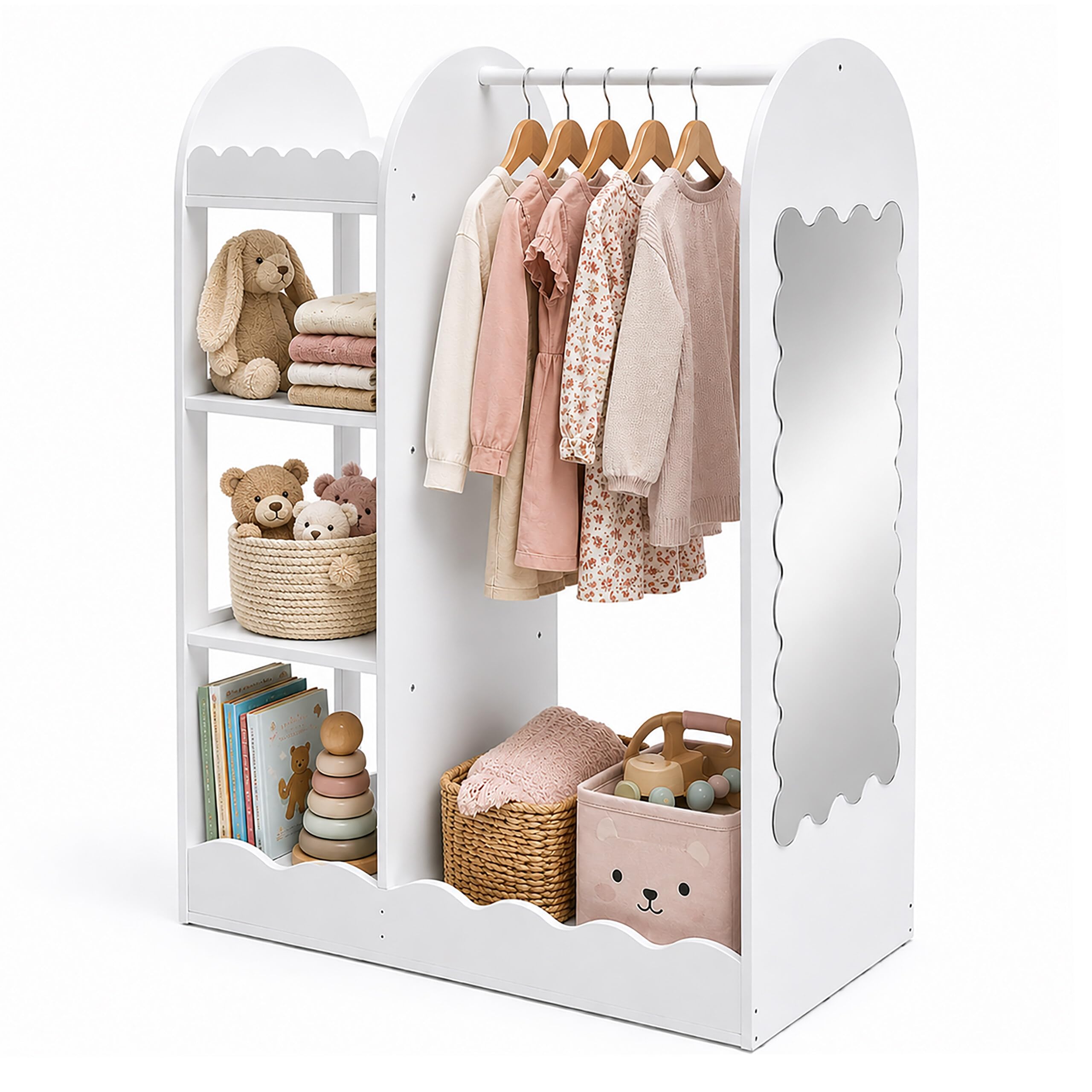 Relaxdays Kleiderständer Kinder, Spiegel, 5 Fächer, Kleiderstange, weiß