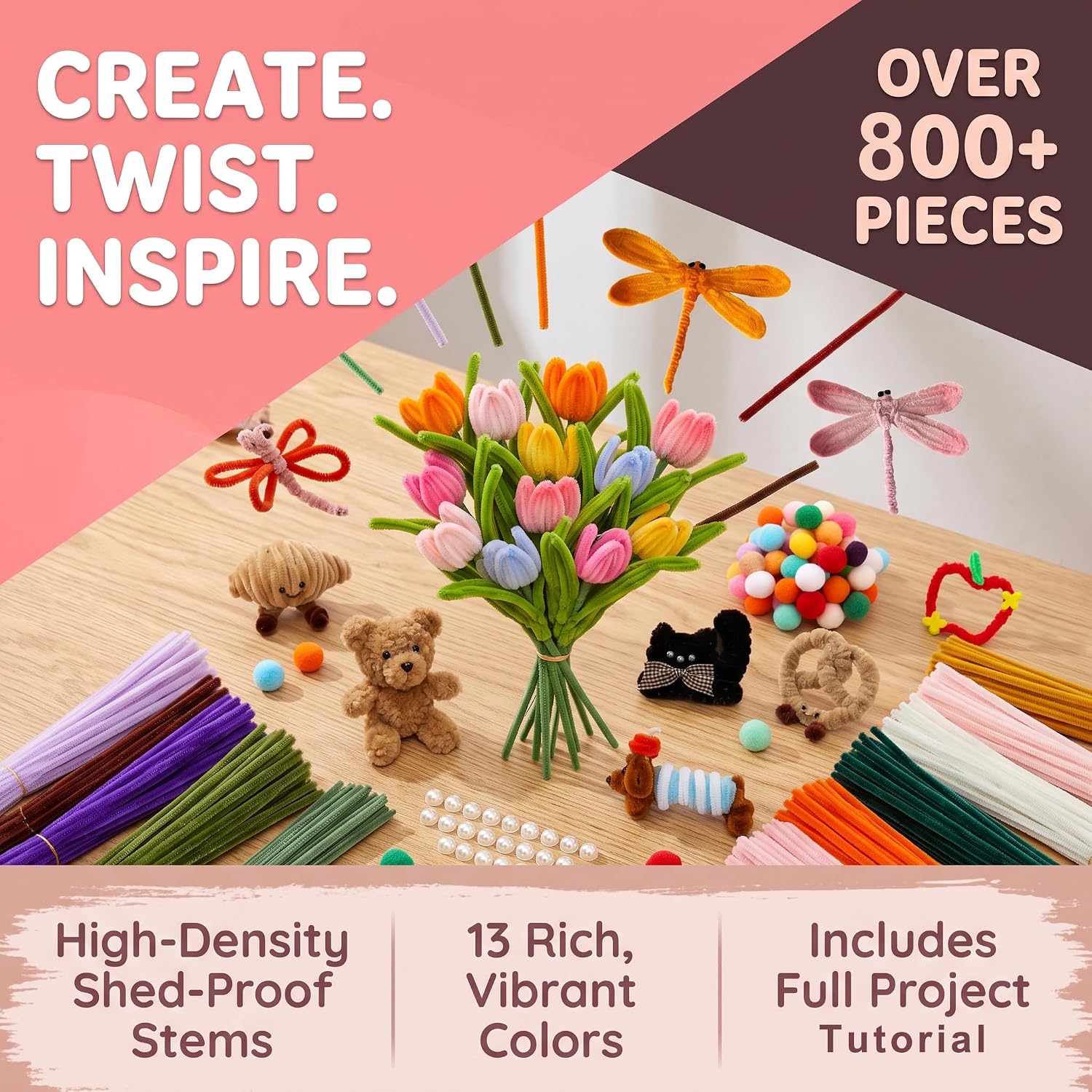 PawsAion 800 Pcs Pipe Cleaners Flower Kit, 13 Colors Thick Chenille Stems Craft Kit with Flower Stems, Stamens and Accessories, DIY Flower Making Arts and Crafts Supplies for Adults