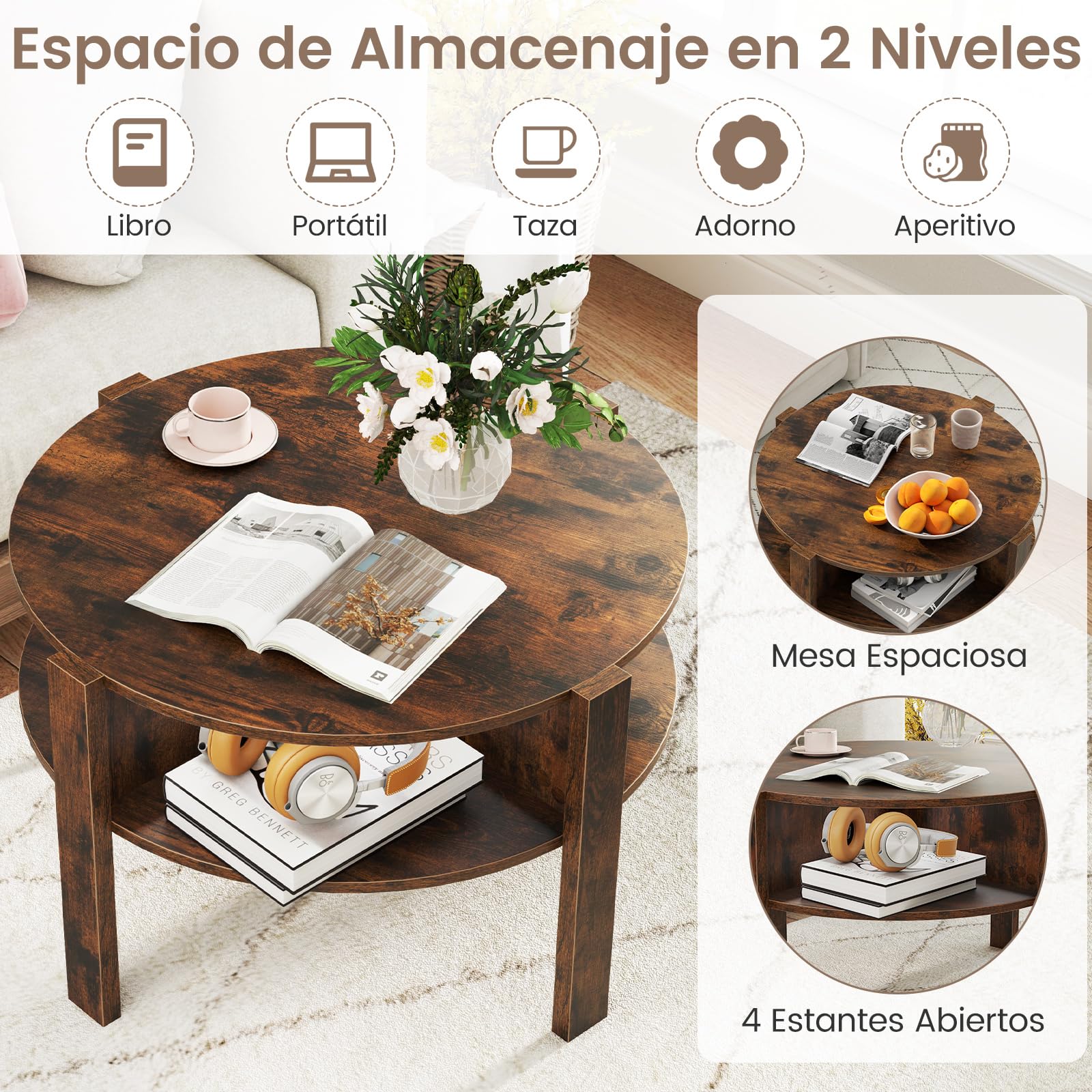 COSTWAY Mesa de Centro Redonda, Mesita Auxiliar Redonda de 2 Niveles, Encimera Amplia, 4 Compartimientos Inferiores y Patas Elevadas, Mesa de Café para Salon Dormitorio, 74,5x74,5x45,5 cm (Café)