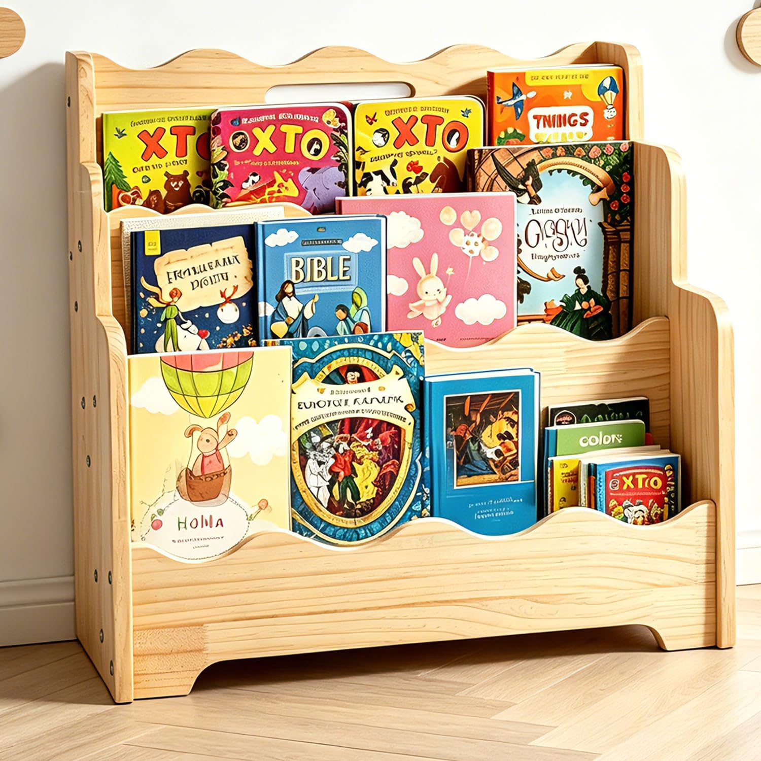 LINMAGCO Scalloped Kids Bookshelf, 3-Tier Montessori Toddler Bookcase, Front-Facing Book Organizer with Handle, Solid Pine Wood, Nursery Book Shelves for Bedroom Playroom Classroom & Reading Corner