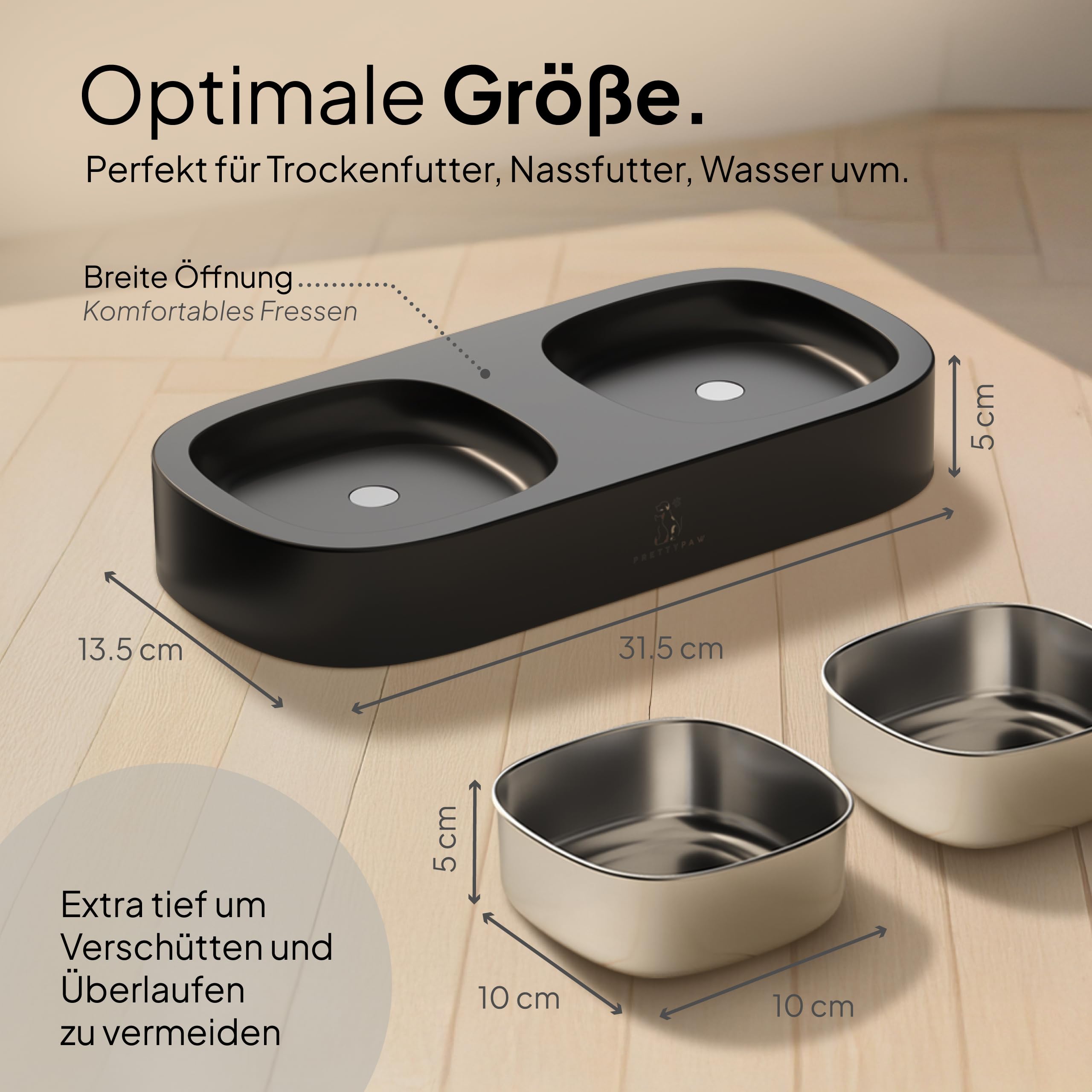 Pretty Paw Erhöhter Katzennapf – Doppel-Futternapf mit Rutschfester Plattform & Edelstahl-Schalen für ergonomisches Fressen (Schwarz)