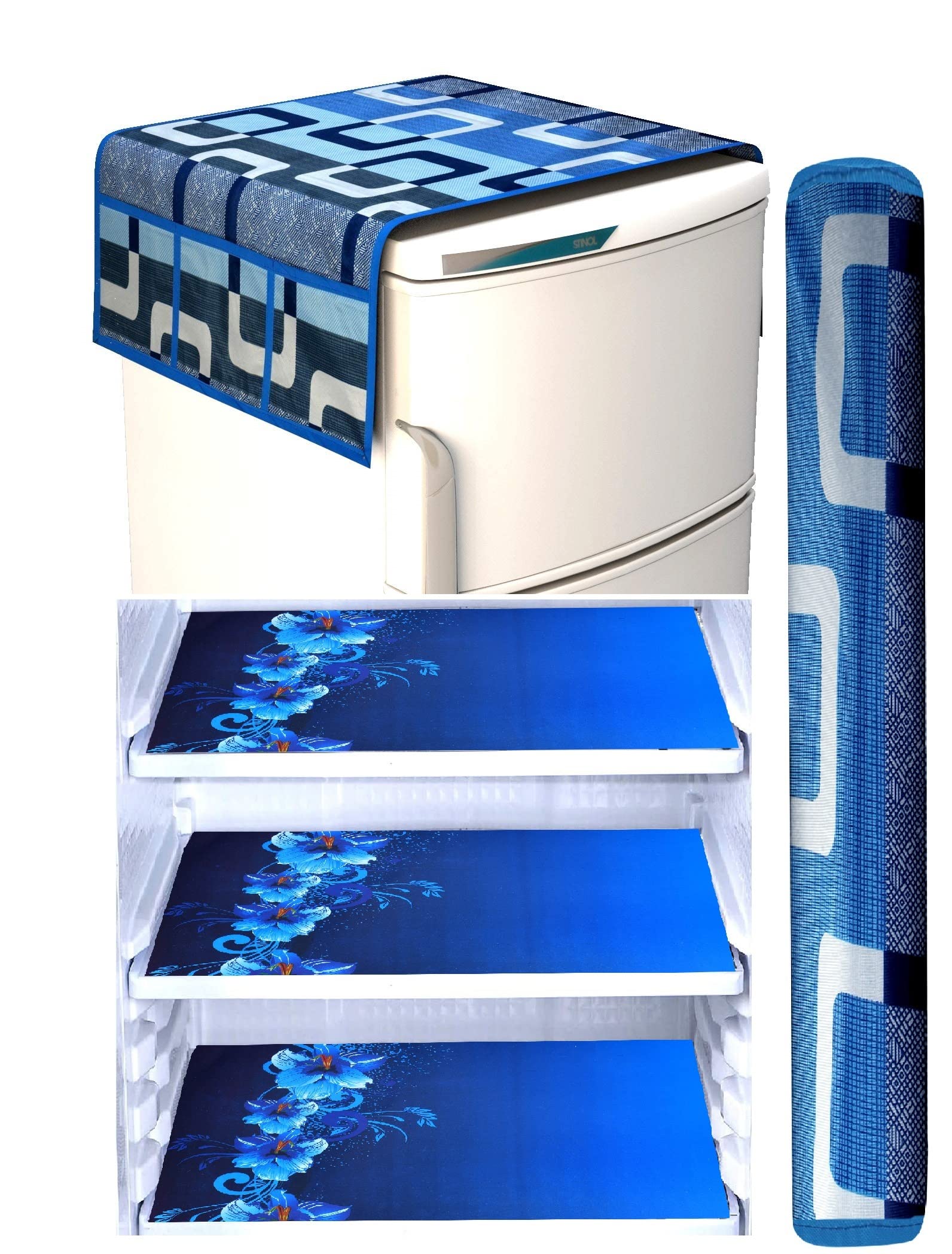 XMBUG Set of 1Pc Polyester Fridge Top Cover with 6 Utility Pockets + 3Pc Fridge Mats (BLUEBOX+3BLUEMAT+1HC)