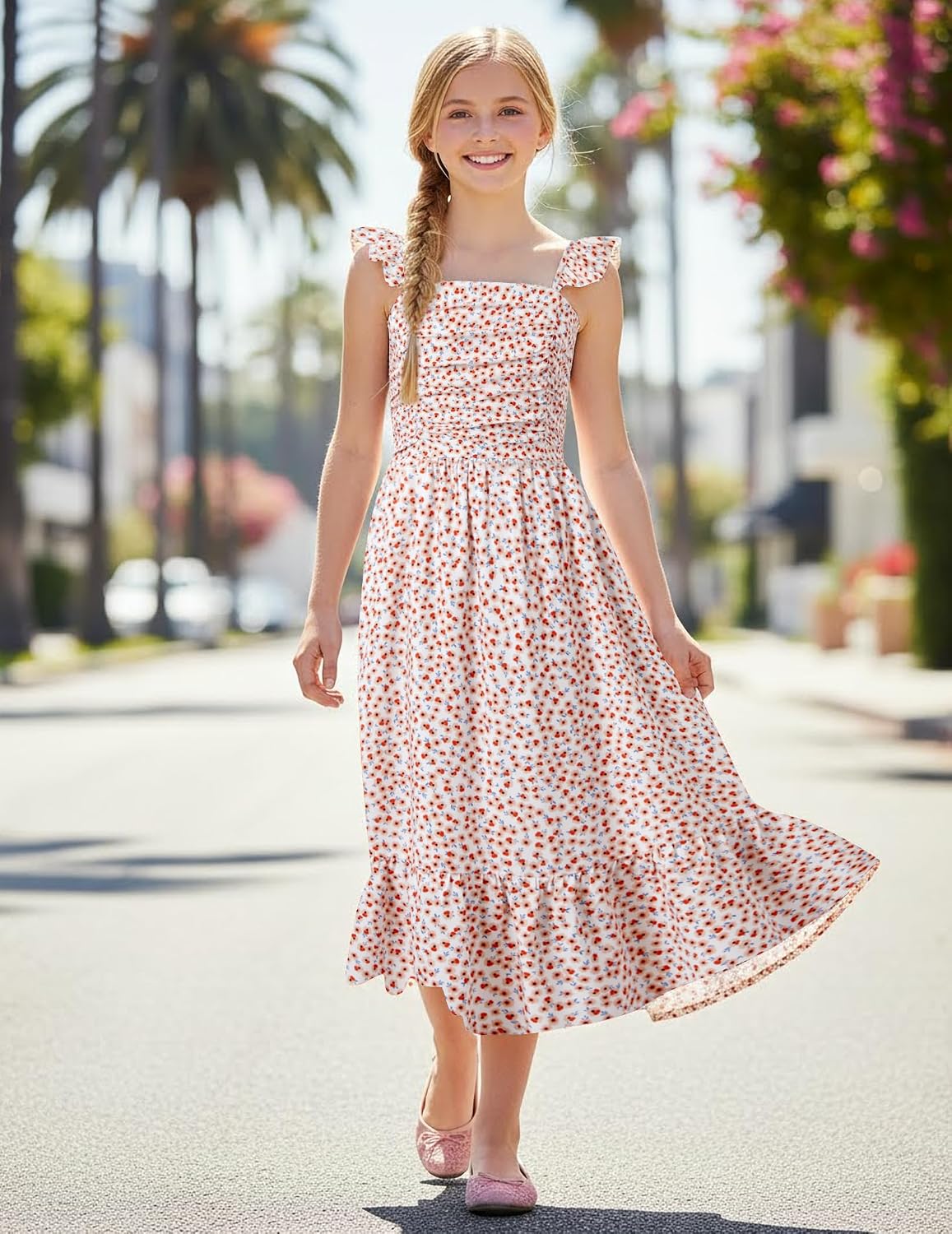 Sunny Spirit Girl's Summer Floral Dresses Kids Cute Ruffle Sleeve Smocked Flowy Dress 6-14 Years