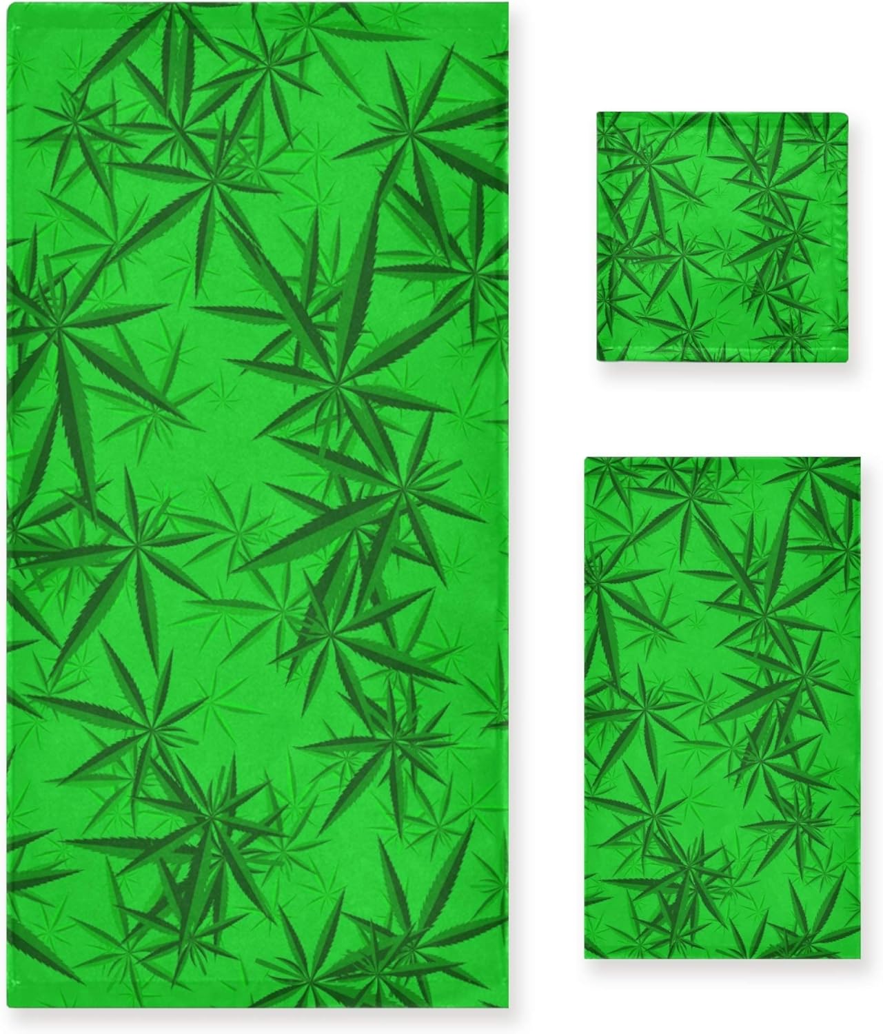 Naanle 3-Piece Towel Set,Marijuana Leaves Hemp Cannabis Leaf On Bright Green Bath Towel Sets, 1 Bath Towel, 1 Hand Towel, 1 Washcloth, Absorbent Soft Towels Quick Drying for Bathroom
