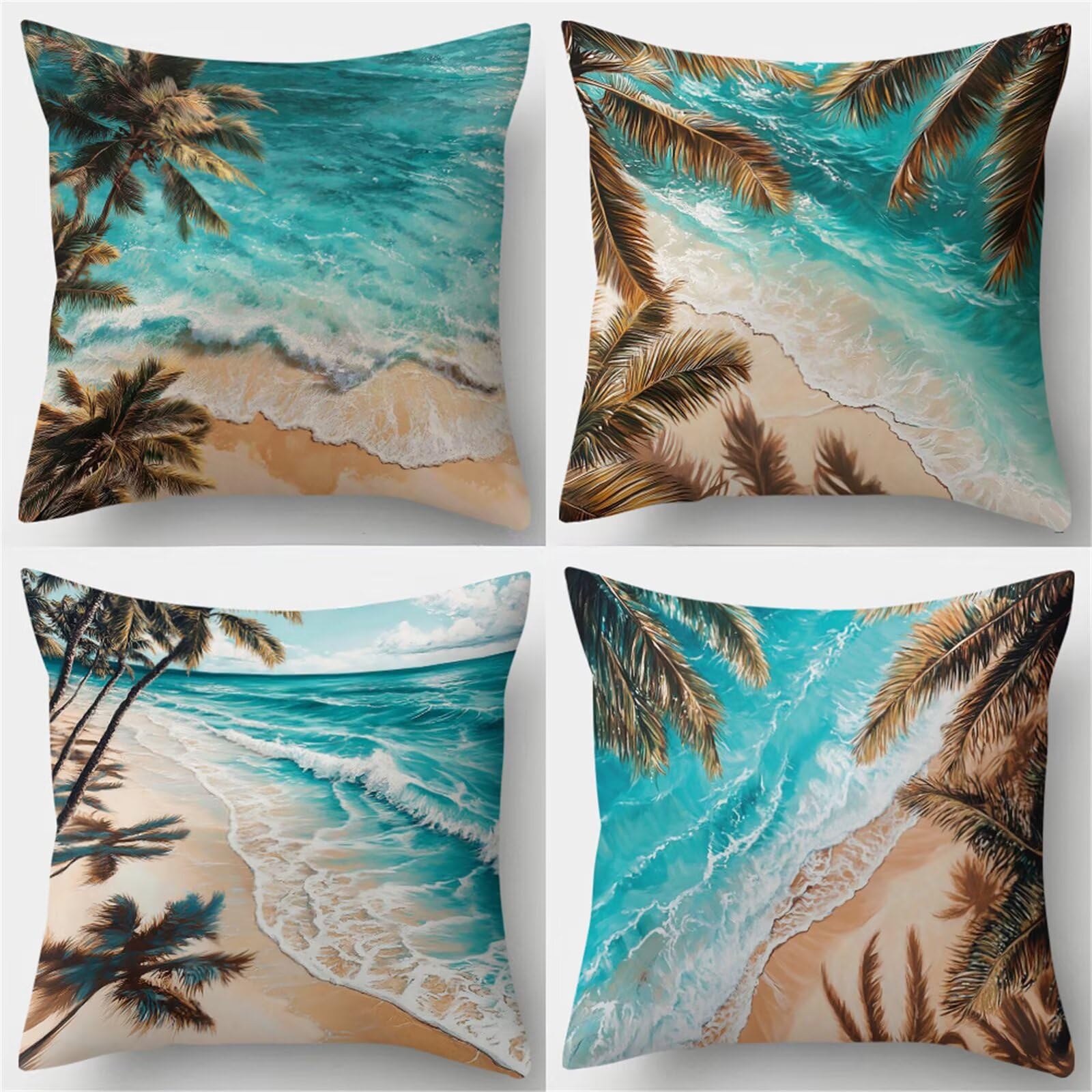 Fundas de Cojines 50x50 cm, Juego de 4 Fundas para Cojines Decorativas de Lino, Olas Plantas Tropicales, Fundas de Almohada para Sofá, Silla y Decoración de Interiores