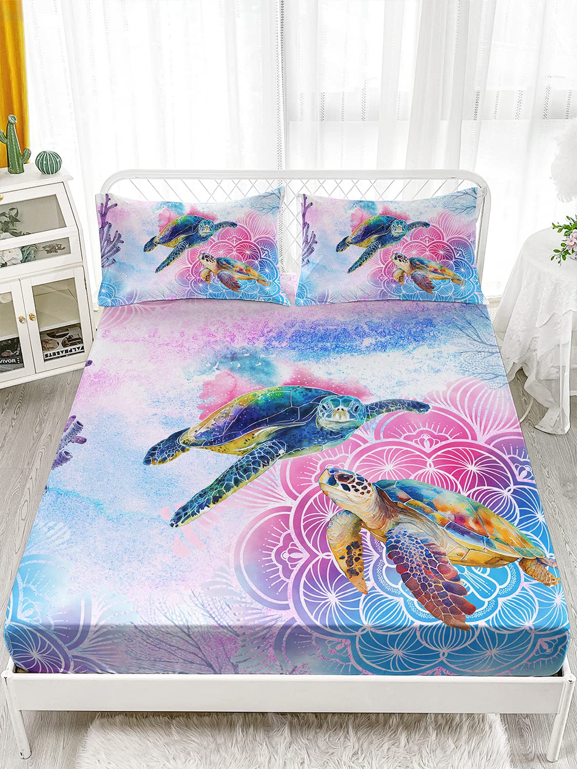 HOSIMA Sea Turtle Fitted Sheet Sets,Coastal Beach Themed Bed Set for Kids Teen Girls Boys Room Decor,Toddler Bedding Set,Mandala Turtle Bed Cover,1 Fitted Sheet+2 Pillowcases., Full 55''*75''