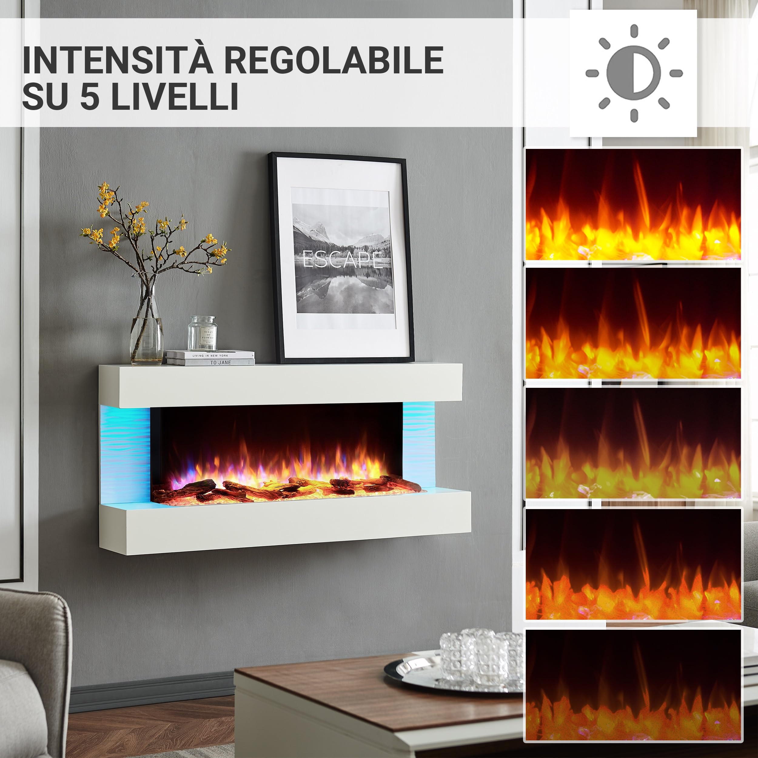 BALDERIA Camino Elettrico Helia | Caminetto da Parete con Effetto Fiamma 3D | Riscaldamento 2000 W | Focolare Sospeso con Telecomando, Timer, Termostato | Bianco