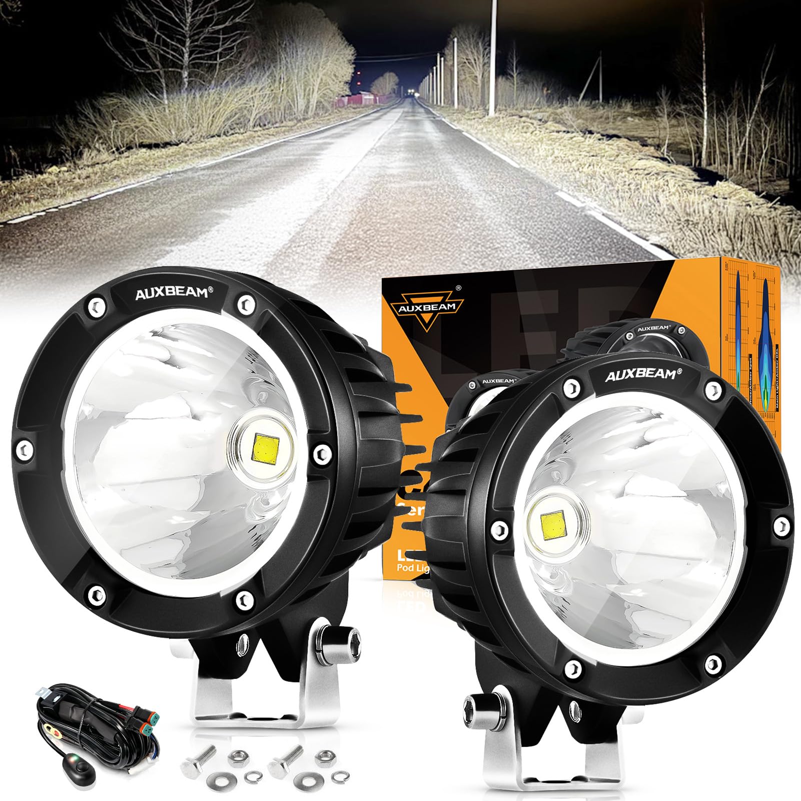 Auxbeam 4In 72W Round Led Offroad Light, 2PCS 7200LM Spot Light Pod with Wiring Harness Kit Super Bright Led Pod Lights White Round LED Pods for Truck