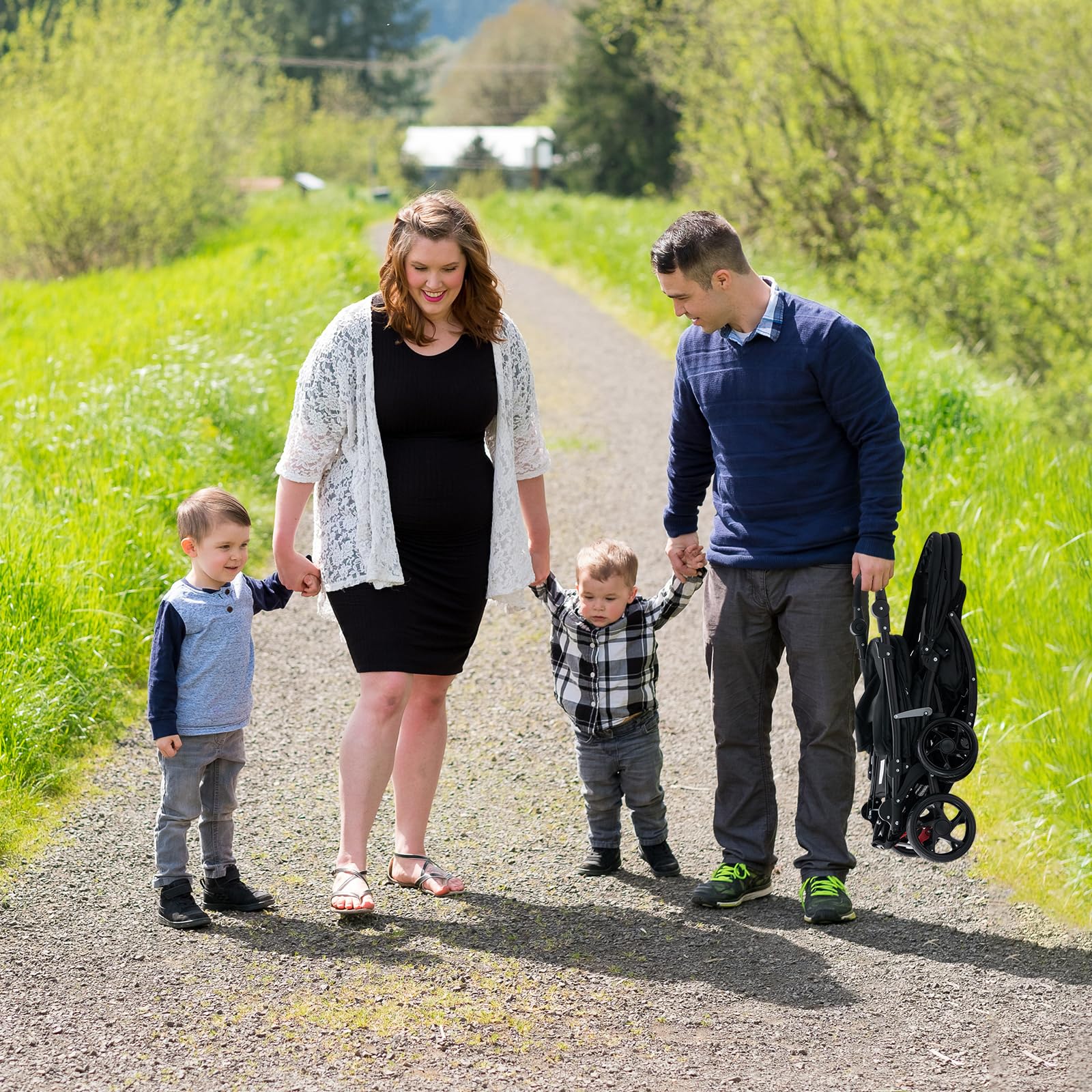 COSTWAY Passeggino Doppio Pieghevole per Bambini, Passeggino Gemellare Pieghevole, con Seduta in Tandem e Tettuccio, Schienale Regolabile, Ruote Bloccabili e Antiurto, Portata Totale 30 kg (Nero)