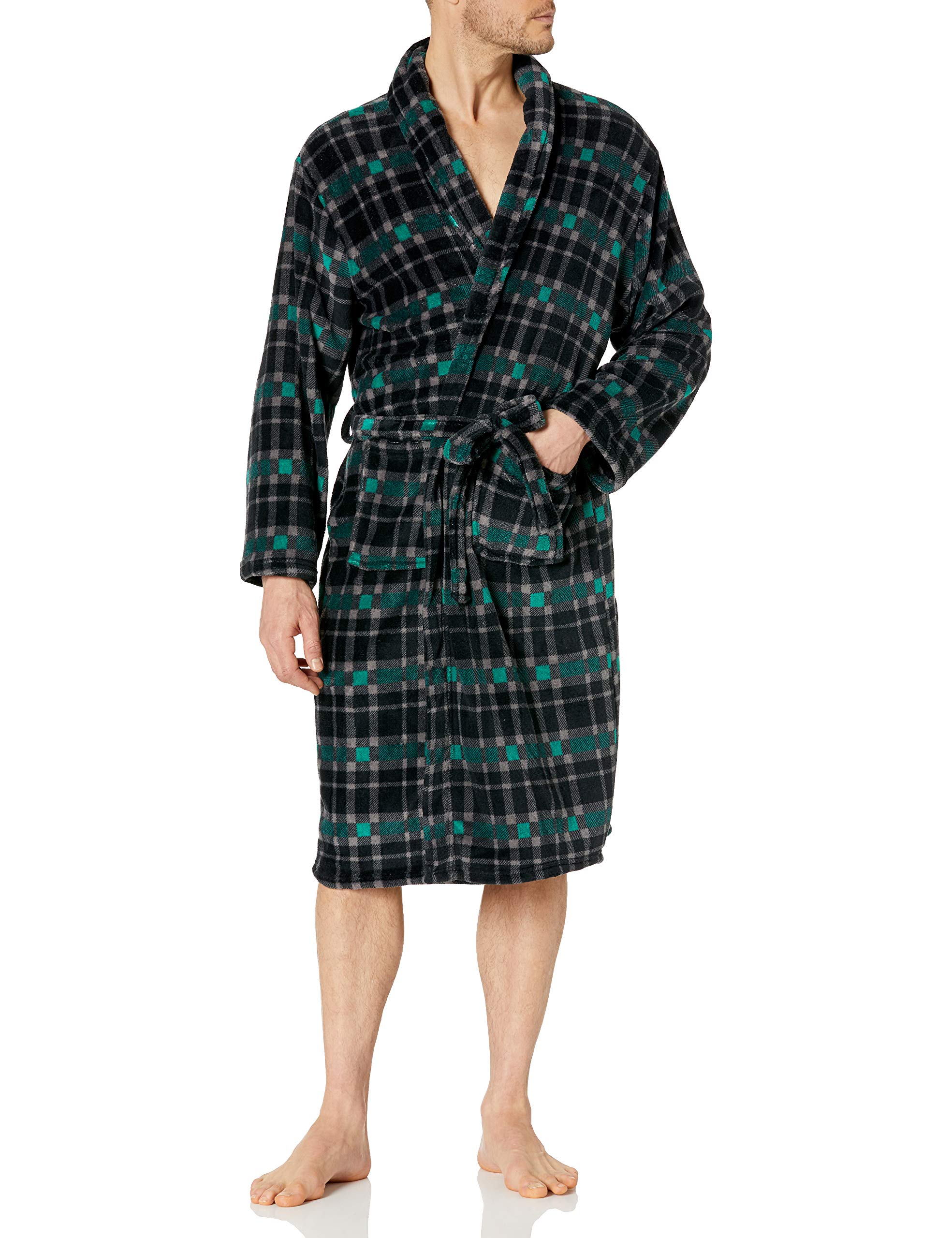 Men's Plaid Plush Bathrobe, Hunter/Black, One Size