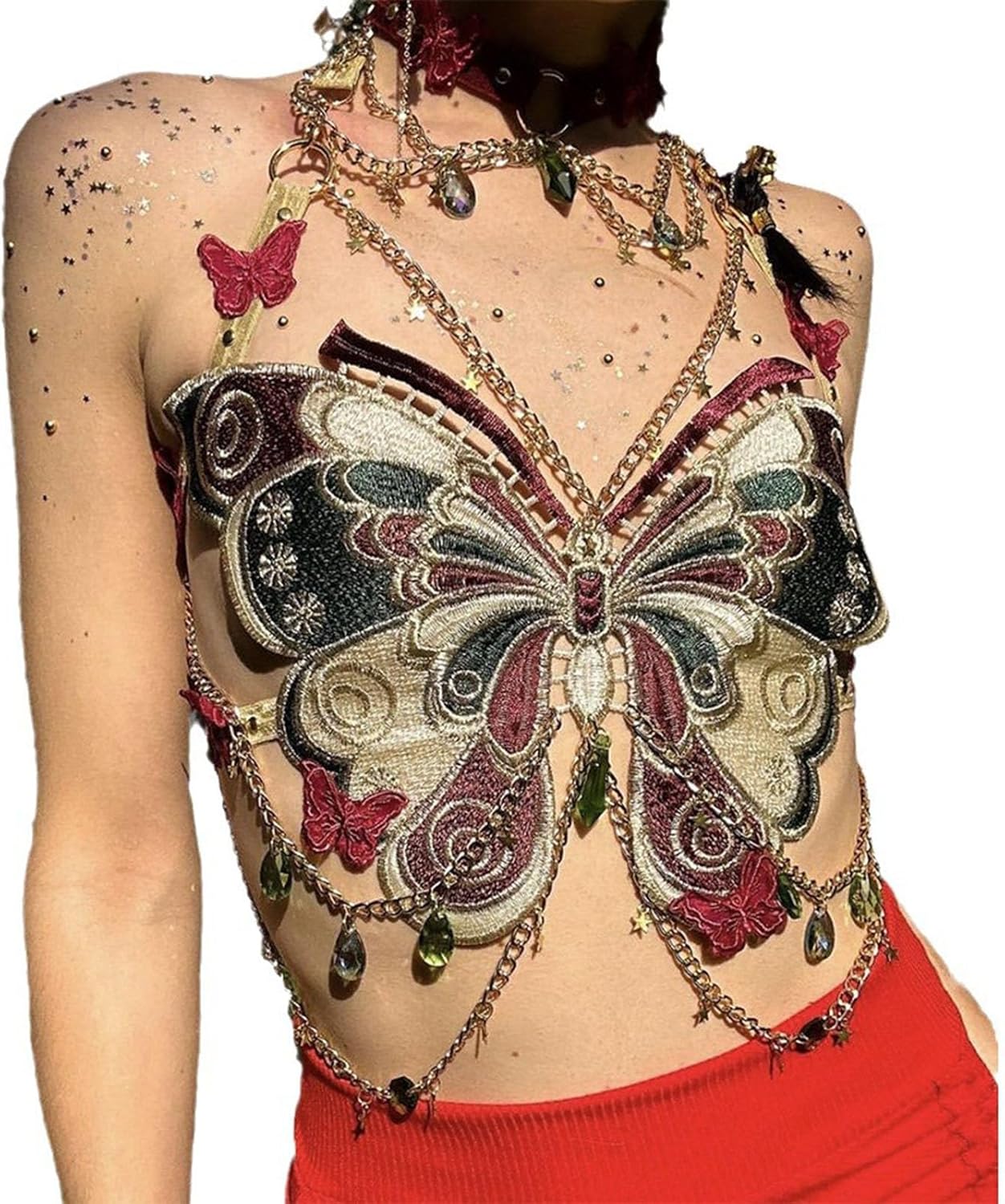 Women's Adjustable Strap Crop Top with Embroidered Butterfly and Metal Detail Backless Crop Top for Parties and Festival