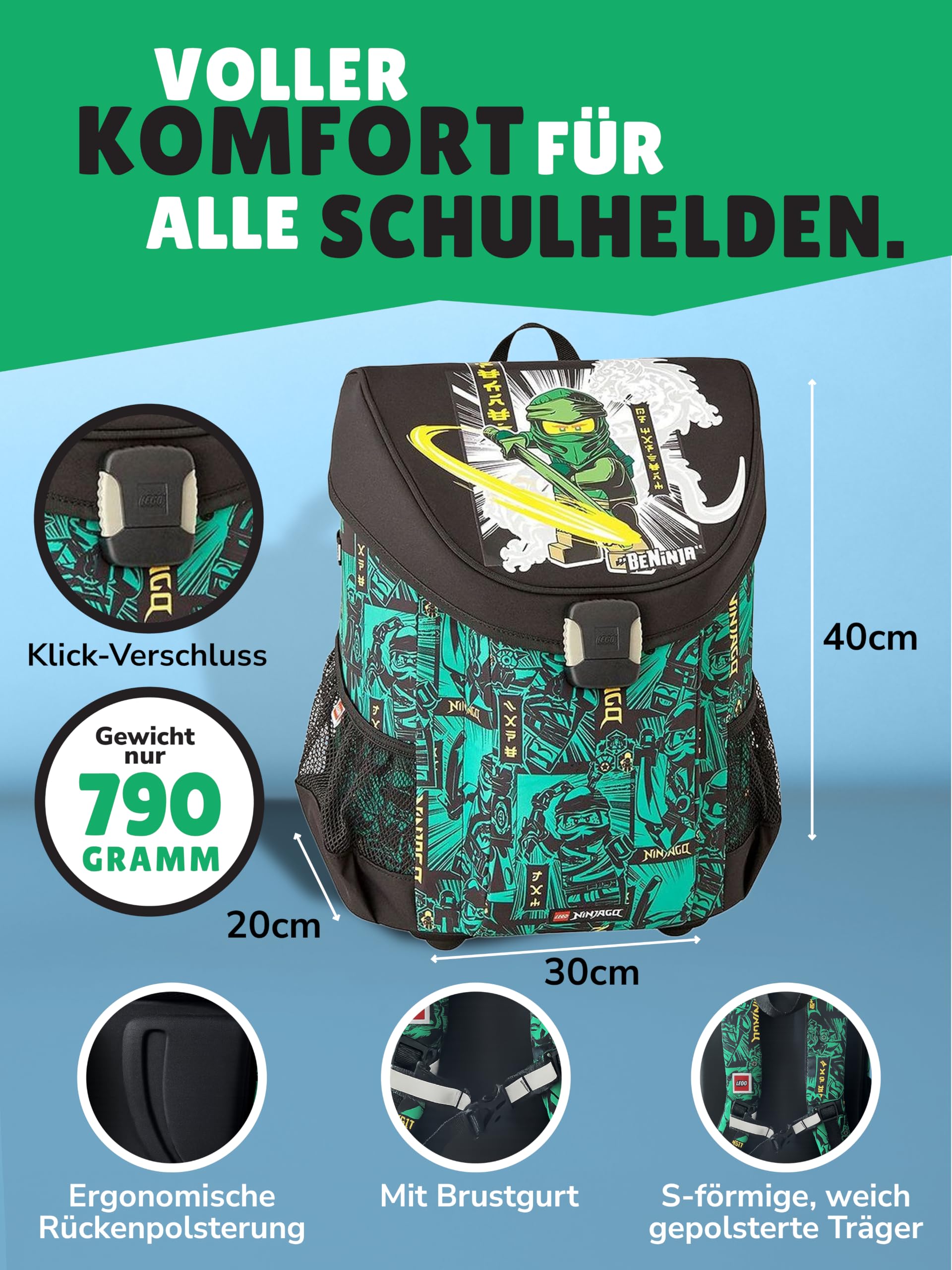 Familando - Schulranzen Set 7-teilig mit Lunch-Set - Lego Easy Green Ninjago - Ergonomisch, stabil & mit gepolstertem Rücken - 790g leicht mit 21L Volumen - mit Reflektoren - Ab 1. Klasse