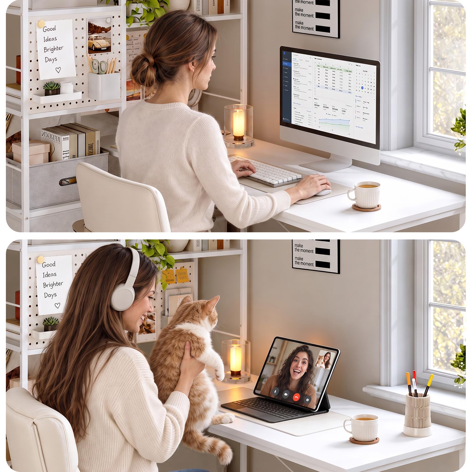 Coleshome Scrivania angolare con libreria, cassetti e supporto PC, Bianco