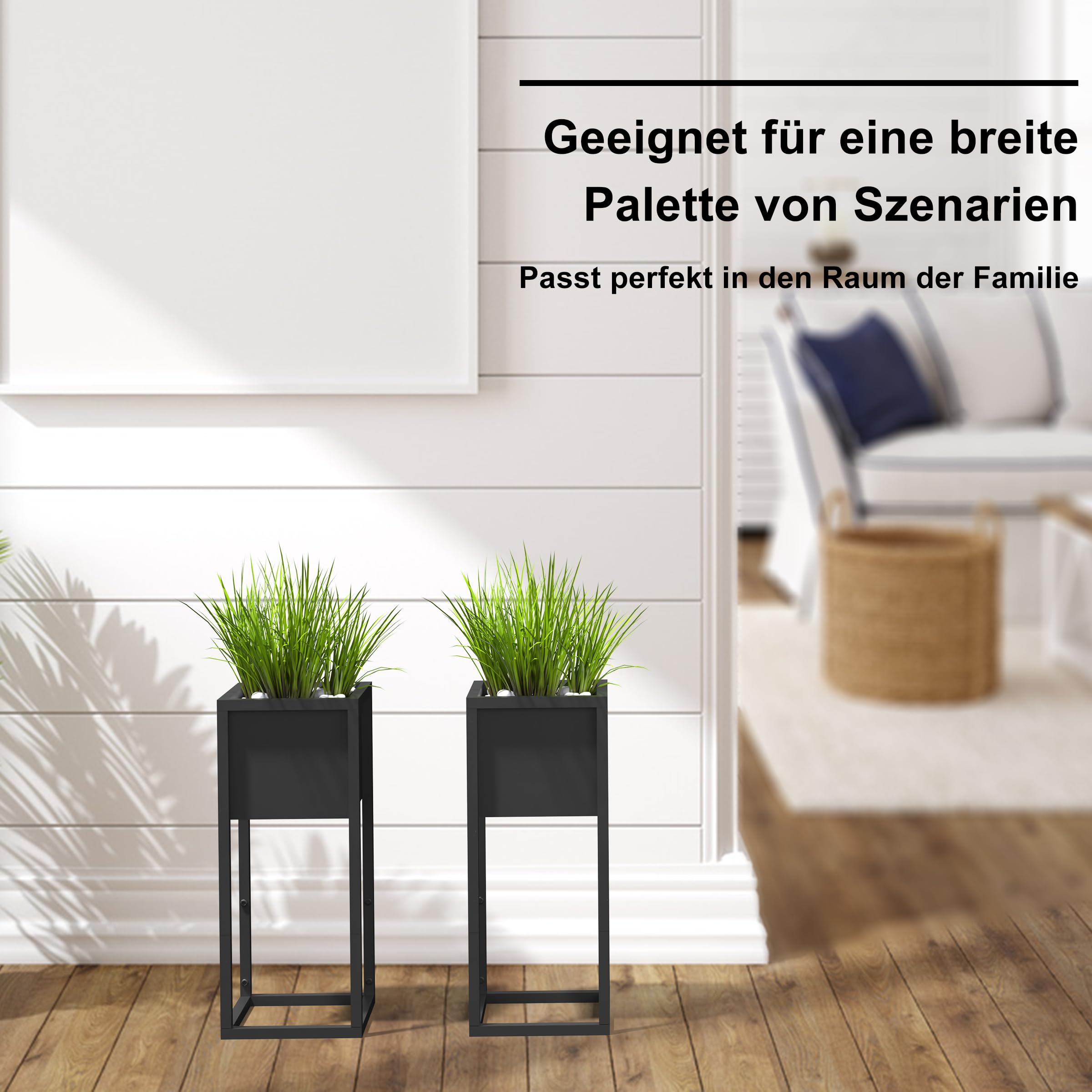 Blumenständer Metall Schwarz 2er Set, mit Gestell, Wohnzimmer & Flur, eckiger Pflanztopfständer(Schwarz 2stück)
