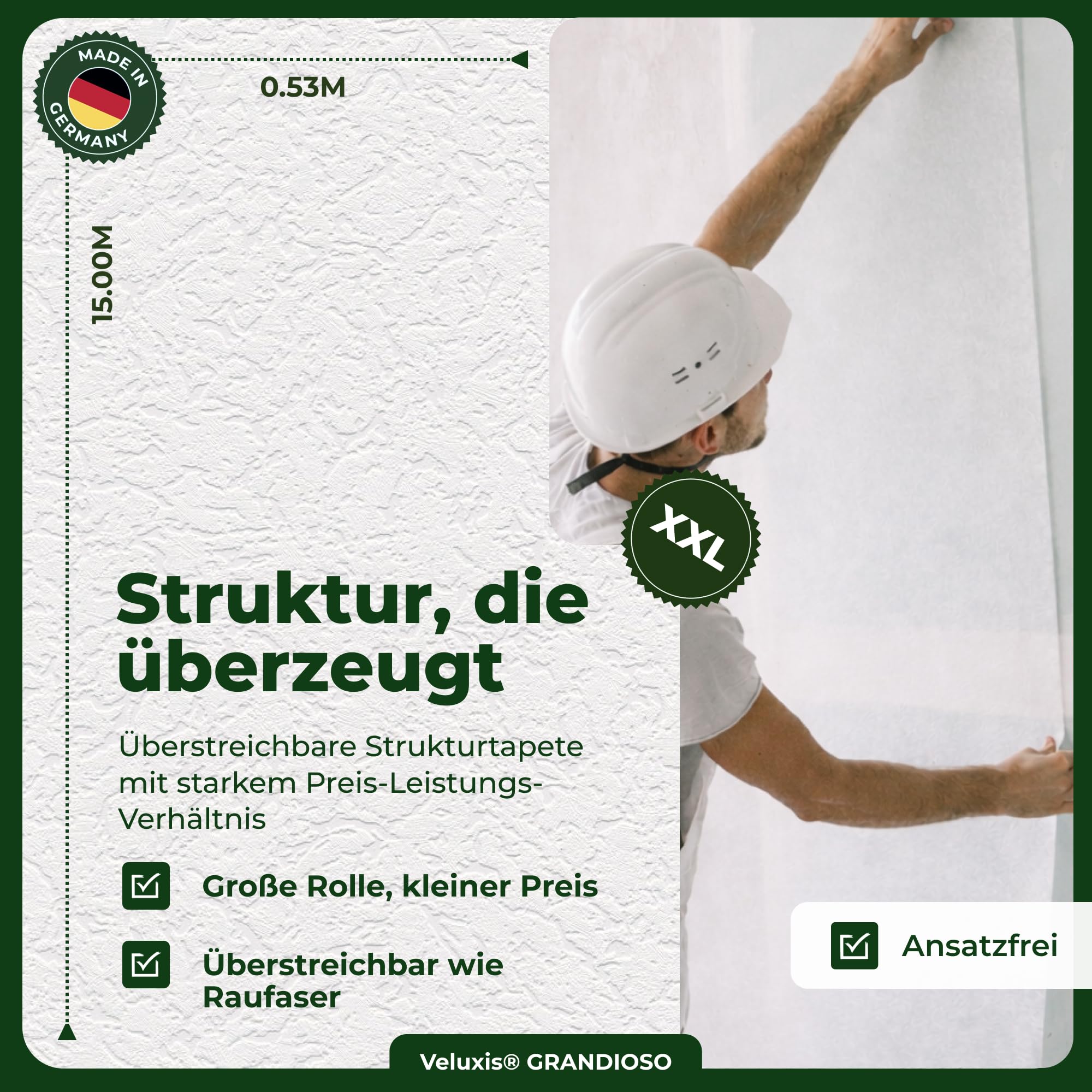 Raufasertapete Papiertapete – GRANDIOSO Strukturtapete Raufaserstruktur, XXL 15,00 m x 0,53 m, überstreichbar, atmungsaktiv, Made in Germany