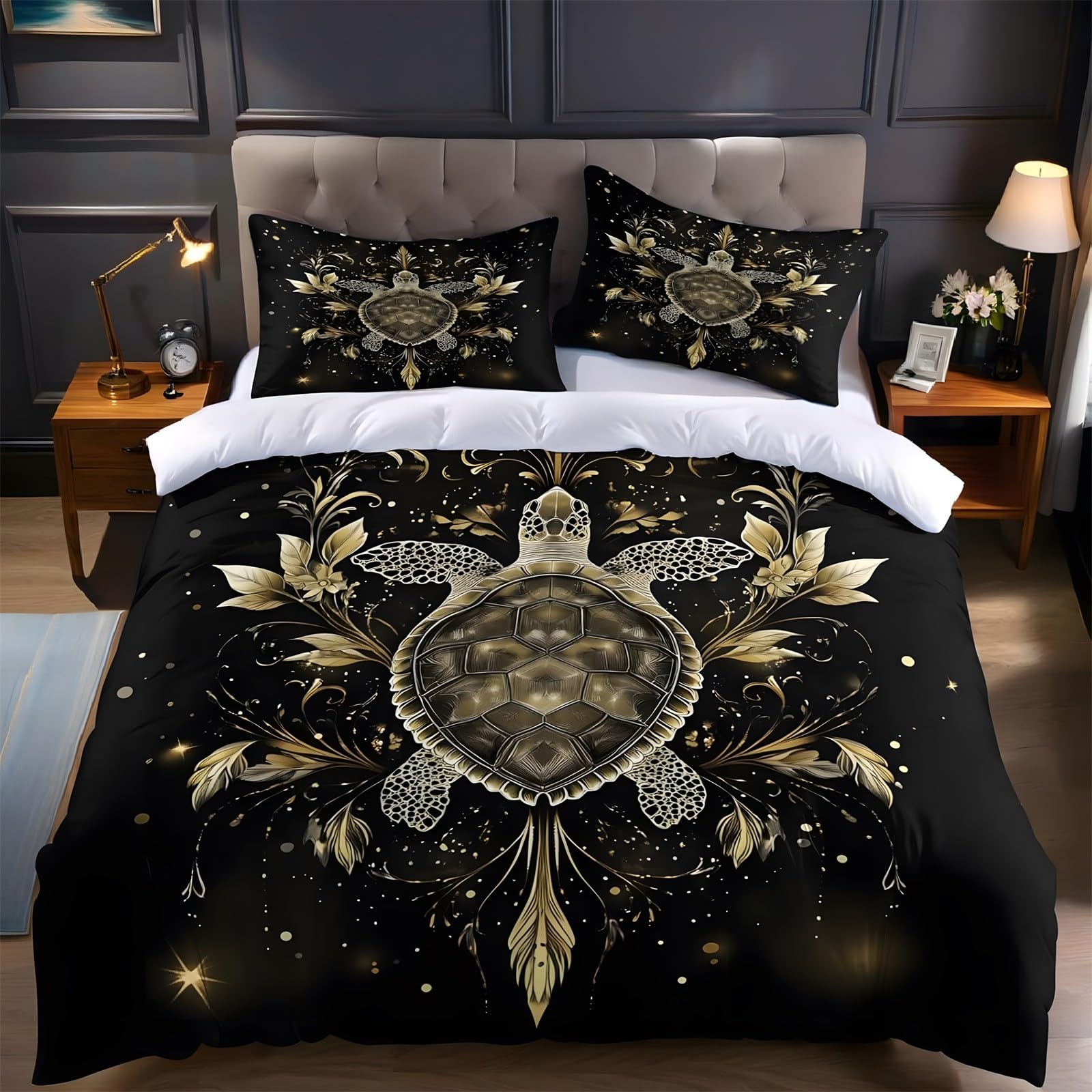 Ypthriline Double Bedding Set Turtle Bedding Set Microfiber Black Gold Duvet Covers with Pillowcases Reversible Bedding With Zipper Closure 200x200CM
