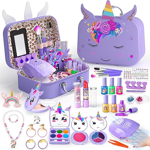 Kit de maquillaje para niños para niña, 2 en 1, juguetes de maquillaje lavables para niños, kit de arte de uñas con estuche cosmético de unicornio,