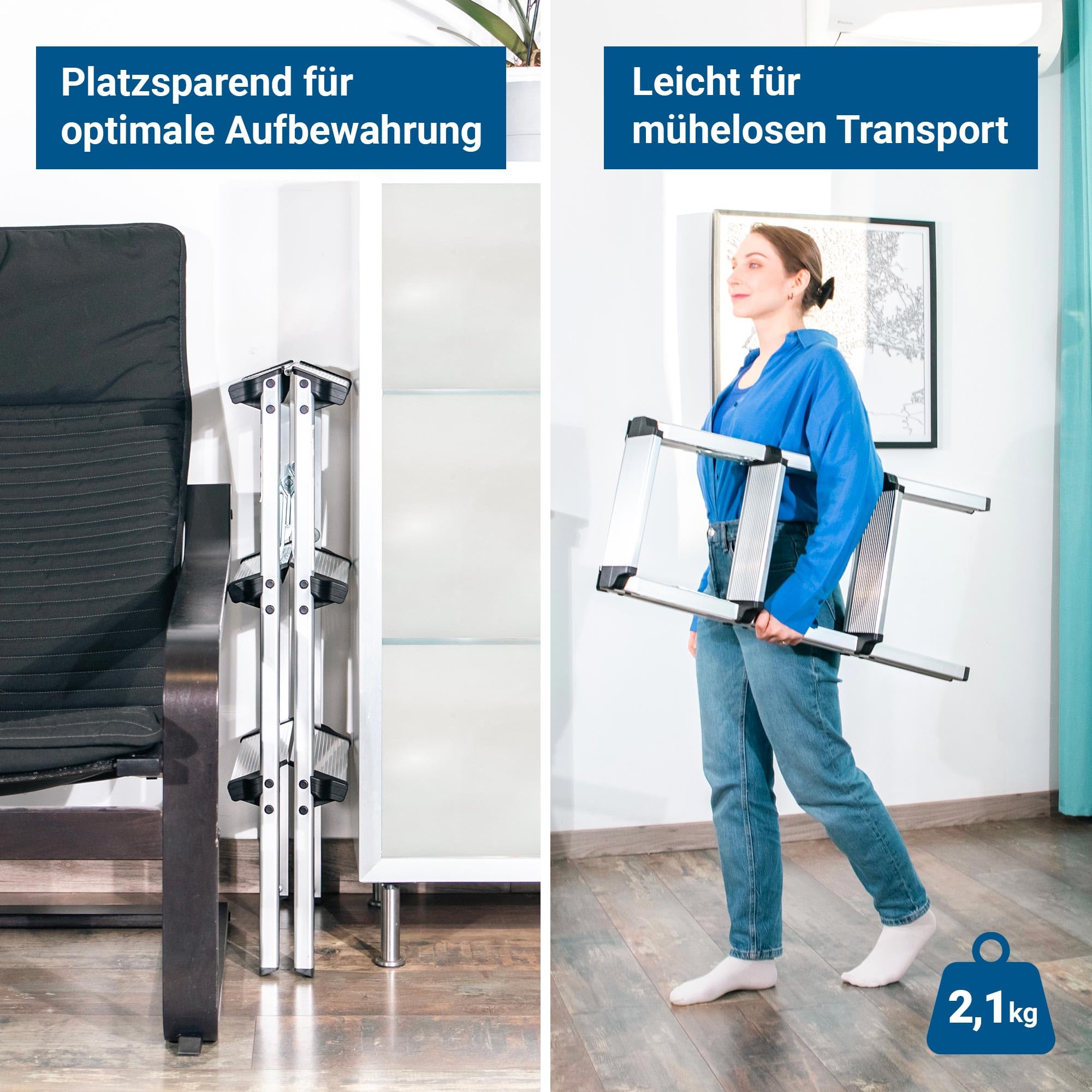 HOSTRÖM Trittleiter Klapptritt 3 Stufen HOMILIX, kleine klappbare Trittleiter, Aluminium, kompakt und robust, Arbeitshöhe 2,34 m, 5 Jahre Garantie