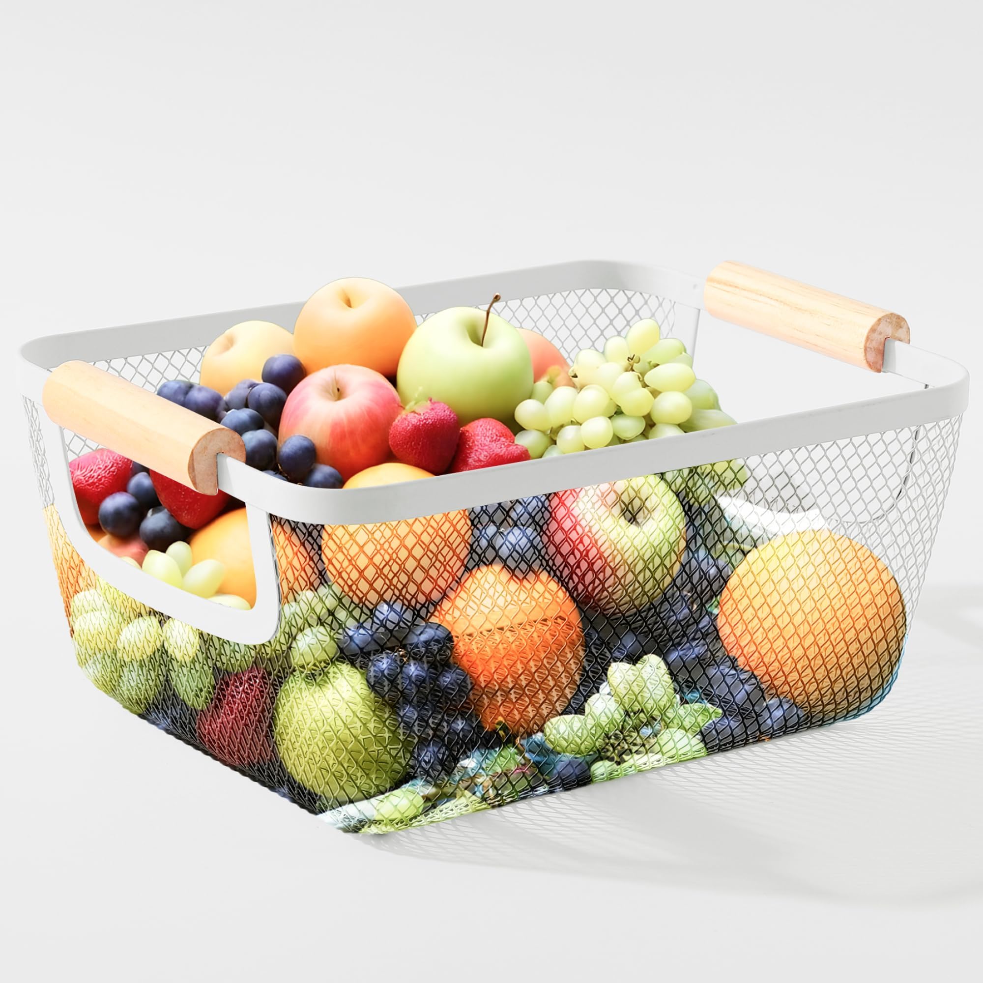 Kuber Industries Metal Mesh Grid Food Basket for Travelling with Wooden Handle | Fruit & Vegetable Storage Rectangle Wire Basket with Handle | Milk Metal Basket for Main Door | White-LZ04B-L-image-11