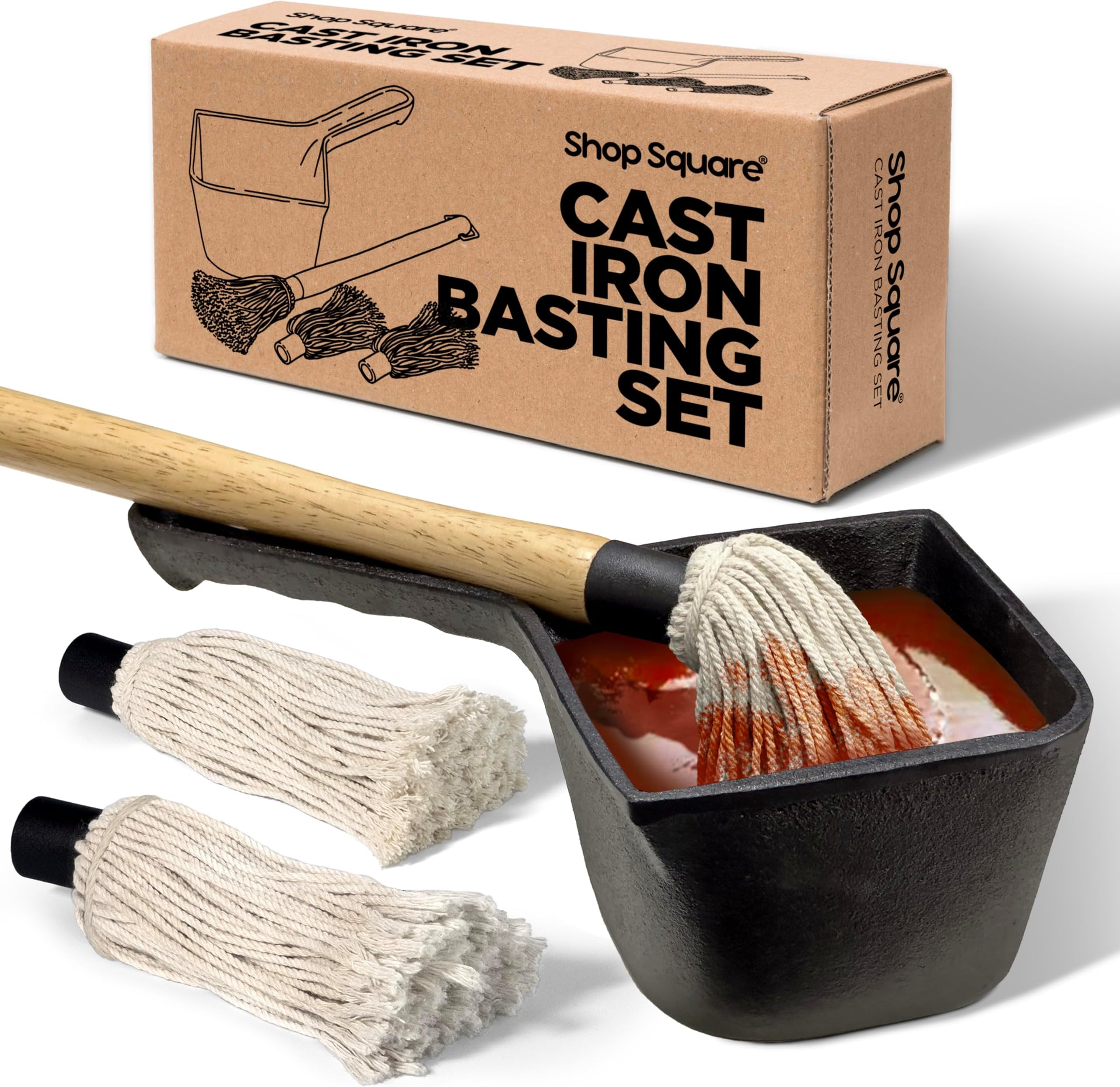 Cast Iron Sauce Pot with BBQ Mop Brush – Small Cast Iron Basting Pot & Mop Brush for Grilling, Smoking, and Saucing – BBQ Mop Brushes for Sauce, 24 Oz