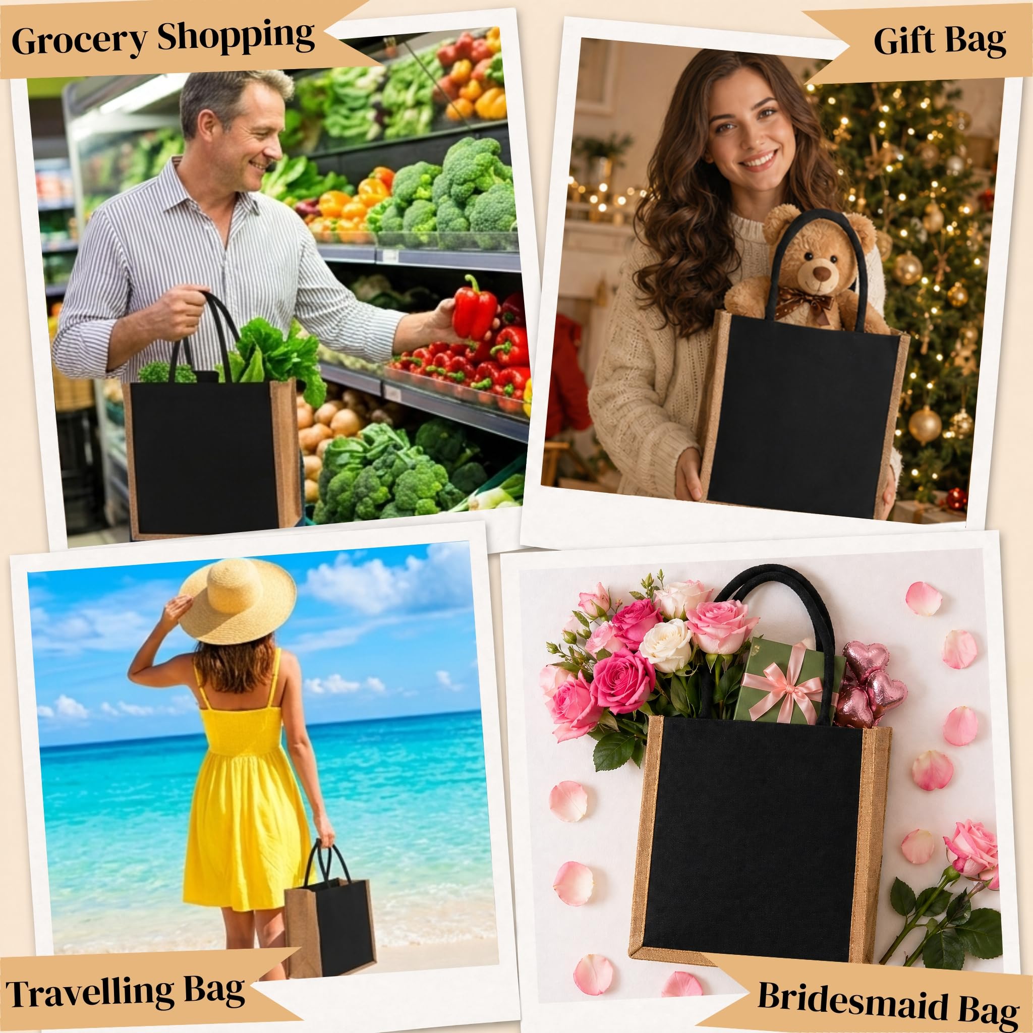 SOUJOY 6 Pack Burlap Tote Bags, Reusable Gift Tote with Handles, Black Jute Beach Bags, Canvas Grocery Shopping Tote for Bridesmaid, DIY, Shopping, Pool, Wedding Bag