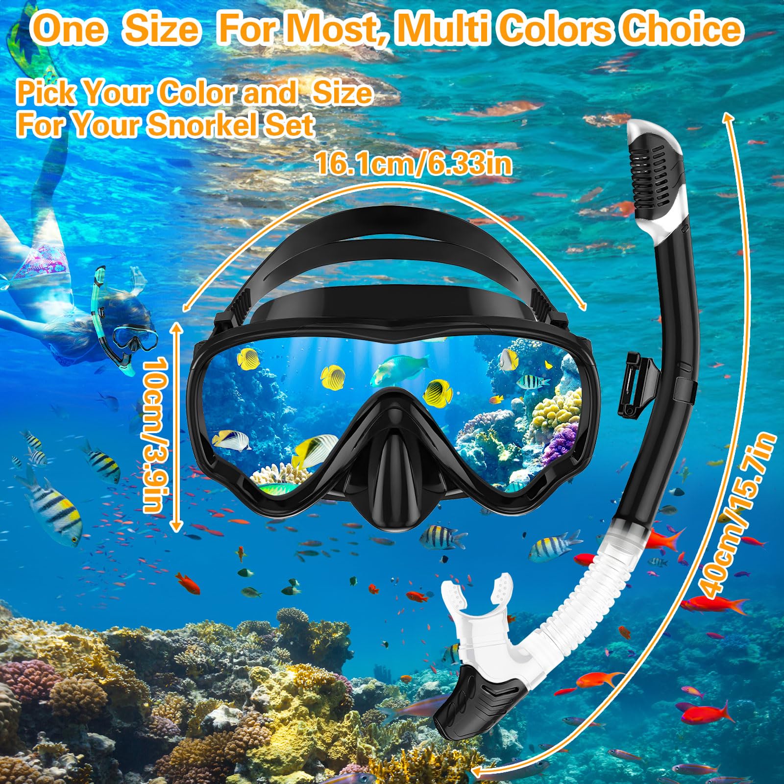 Maschera Snorkeling Panoramica 180° Anti-Nebbia Subacquea Adulti con Boccaglio Nero