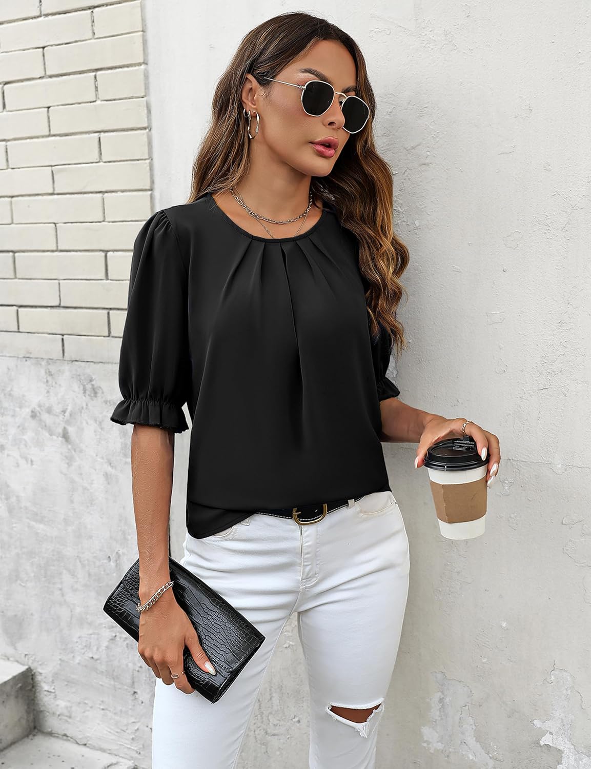 ZILIN Women's Dressy Casual Tops Business Work Blouses Pleated Crew Neck Puff Short Sleeve Shirts - Image 6