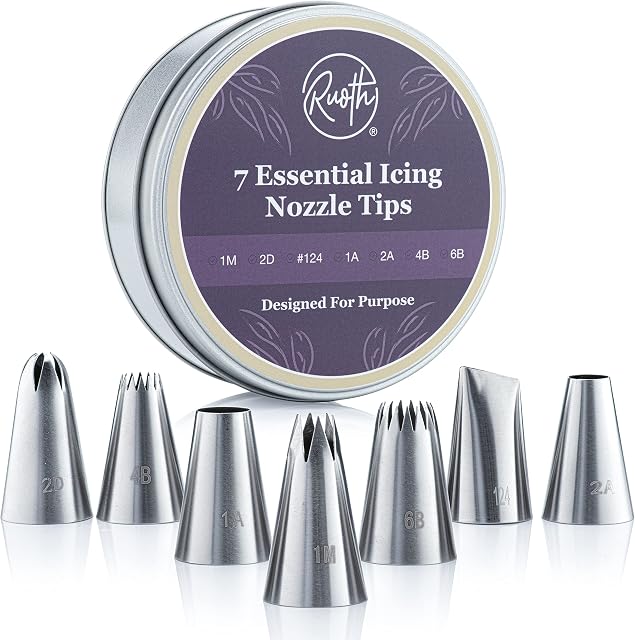Ruoth® 7 Essential Icing Piping Nozzle Set. 1M, 2D, 1A, 2A, 4B, 6B, and #124 Large Piping Nozzles to Add to Your Cake Decorating Tools. Seamless and Sturdy Icing Nozzles for Cake Decorating.