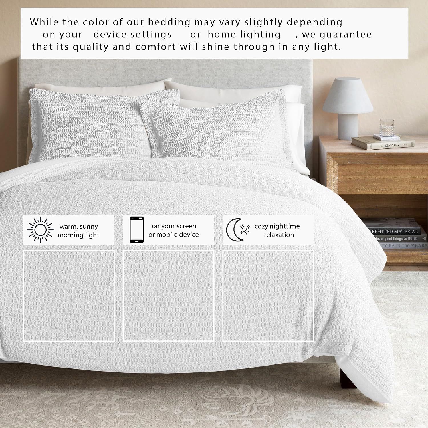 Great Bay Home 100% Natural Cotton Duvet Cover Set, King/California King Size - Honeycomb Waffle White Duvet Cover with Button Closure & 2 Pillow Shams - Boho Bedroom Decor
