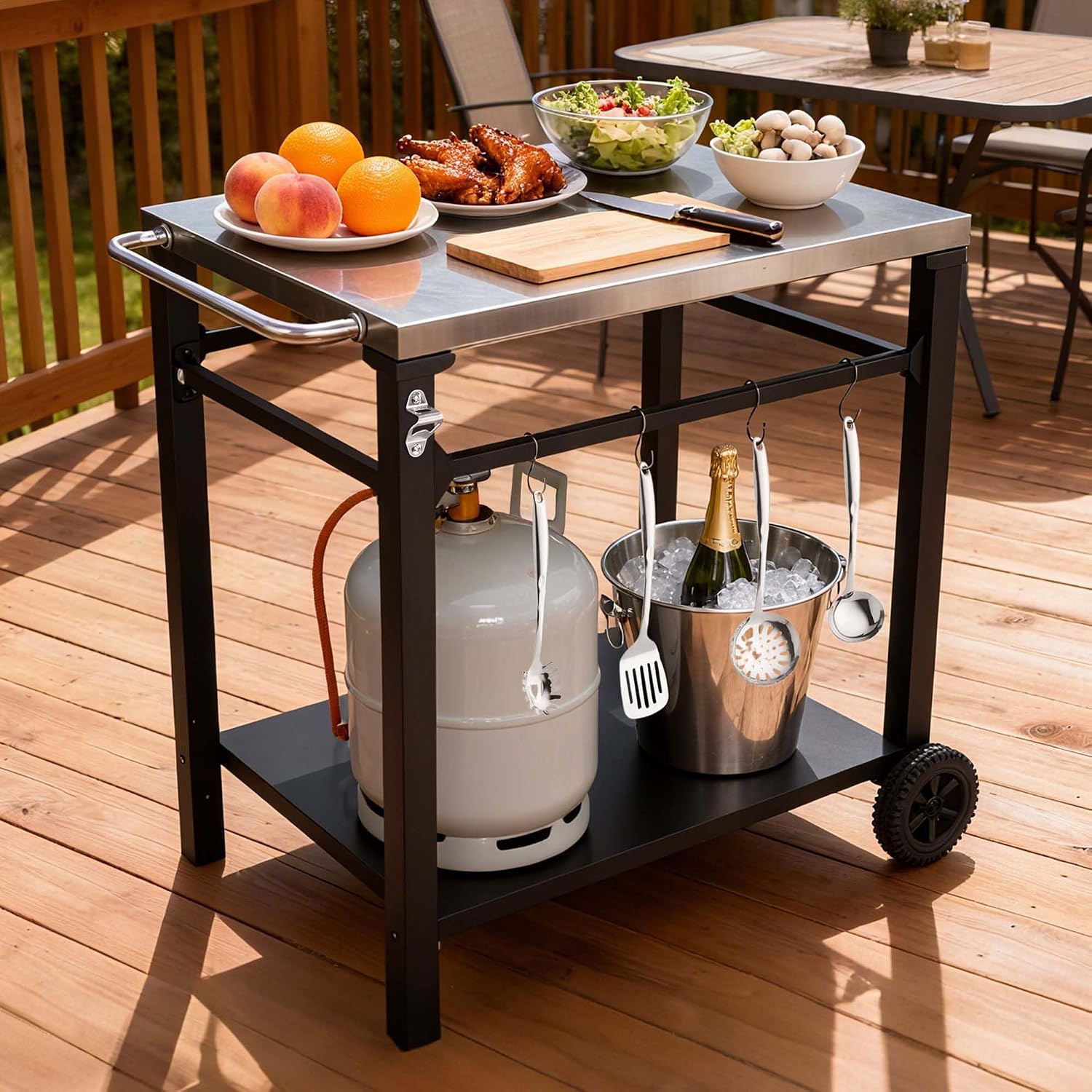 Majnesvon 2-Tier Grill BBQ Cart, 29" Wx22 D Metal Grilling Table with 2 Large Wheels & 4 Tool Hooks for Outdoor Kitchen Patio Camping (White+2Tire+1Handle)