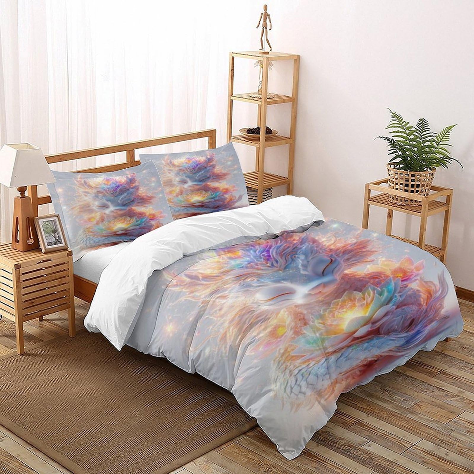 Dragon Lotus Bedding Set Theme Bedspread Animal Theme Duvet Cover Set Microfiber Quilt Cover Universal for All Seasons with Pillowcase Super King（260x220cm）