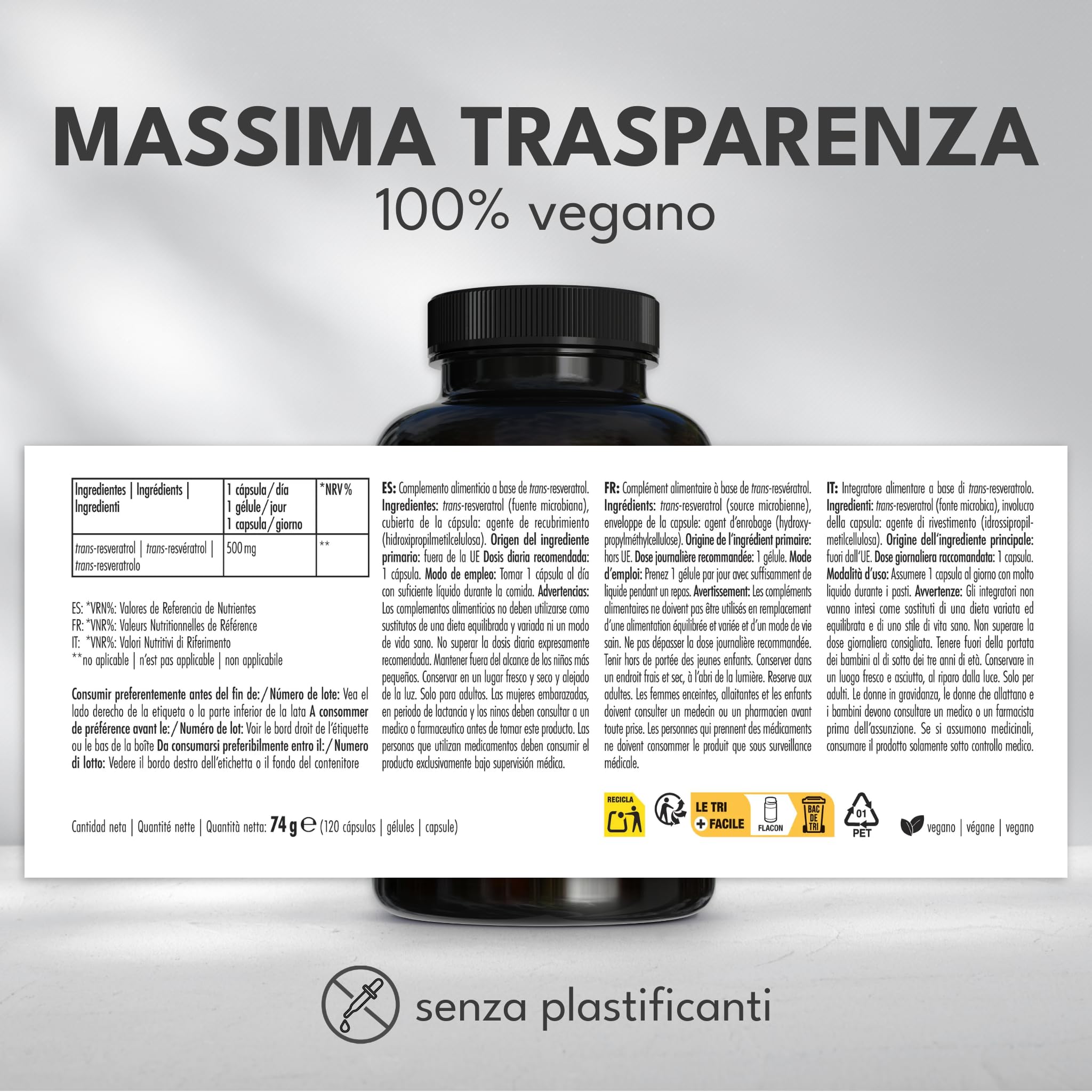 Trans Resveratrolo 500 mg - 120 capsule - Purezza: >98% Trans-Resveratrolo - Prodotto in Germania - 100% vegano e senza additivi - Scorta per 4 mesi - Green Naturals®