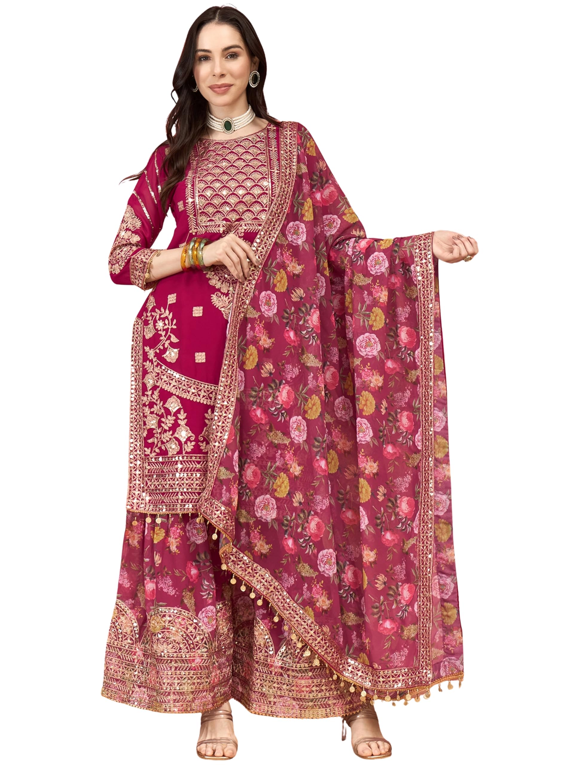 Women's Rani Pink Faux Georgette Zari Sequence Embroiderued Kurti, Sharara Set with Dupatta | Sharara Suit Set for Birthday and Anniversary-image-25