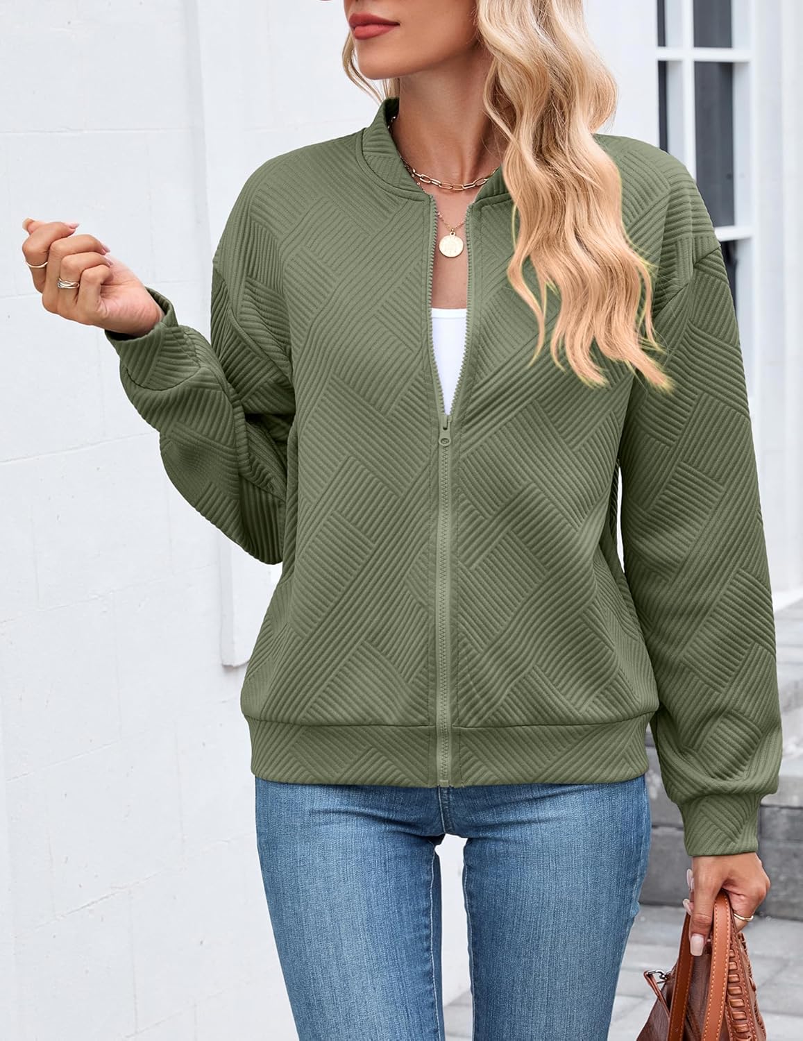 WROLEM Womens Casual Zip up Jackets Comfy Long Sleeve Textured Bomber Jacket Coat Loose Fit Fashion Outfits - Image 4