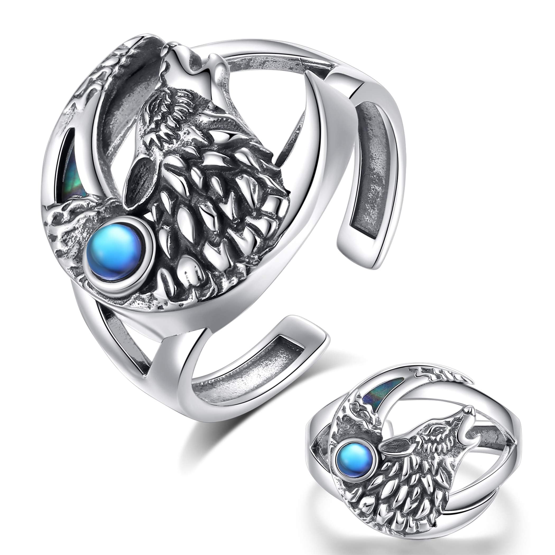 AEONSLOVE Drachen Ringe Silber 925 für Herren Damen, Wikinger Runen Vegvisir/Gothic Totenkopf Ring Verstellbar, Schlange Obsidian/Tetragrammaton Pentagramm/Wolf Offener Ring Vintage