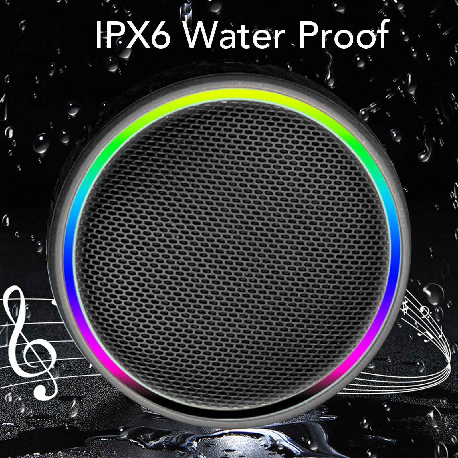 Bluetooth-Duschlautsprecher, Tragbarer, Kabelloser Stereo-Lautsprecher mit Saugnapf und Trageband, RGB-Beleuchtung, Wasserdicht nach IPX6 (Schwarz)