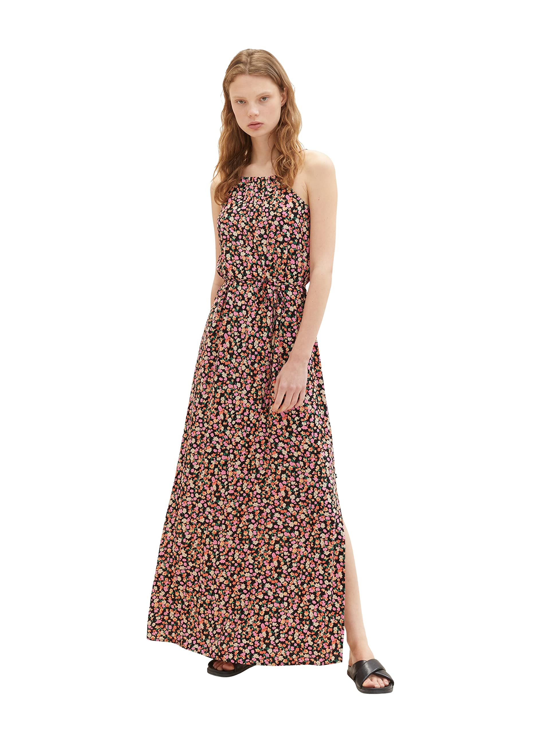 TOM TAILOR Denim Women's 1036843 Maxi Dress with tie Belt, 31952-Black Flower Print, XL