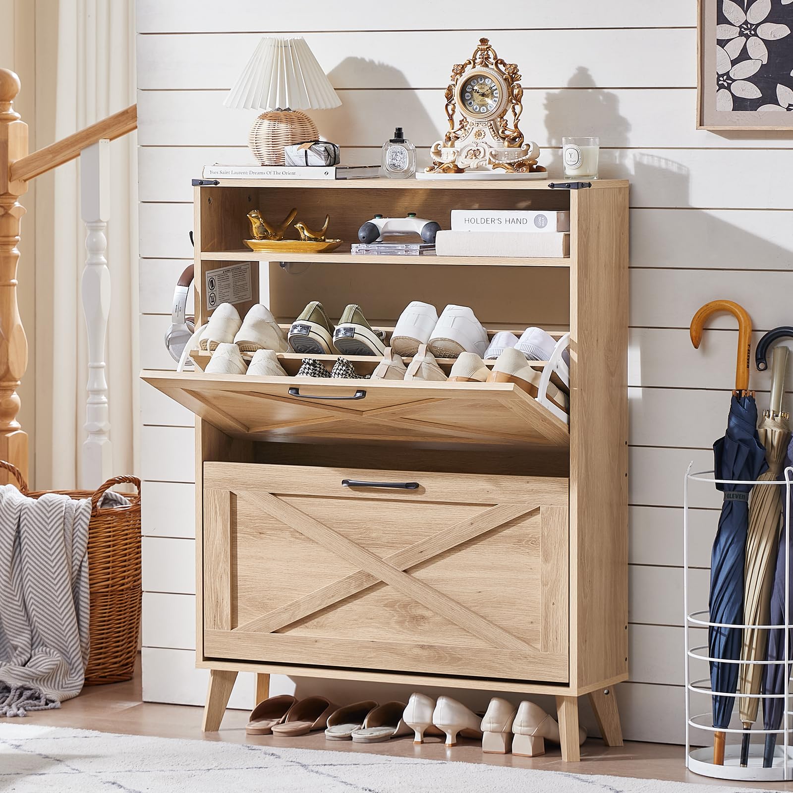 Joaxswe Shoe Storage Cabinet with 2 Flip Drawers, Boho Shoes Organizer for Entryway, Narrow Hidden Shoe Rack with Wood Legs & Open Storage, Free