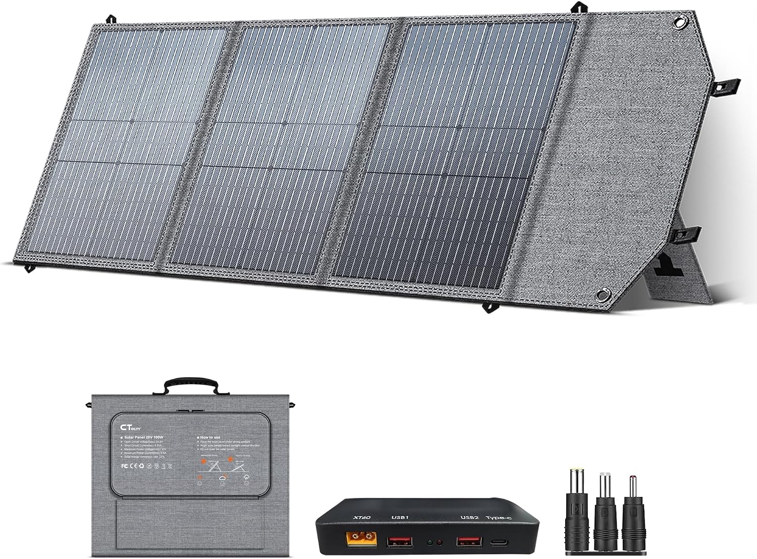 100W Portable Solar Panel for Power Station Generator, 19.8V Foldable Solar Cell with High-Efficiency Battery, IP65 Waterproof, Solar Charger for Outdoor Camping Van RV Emergency Power Supply