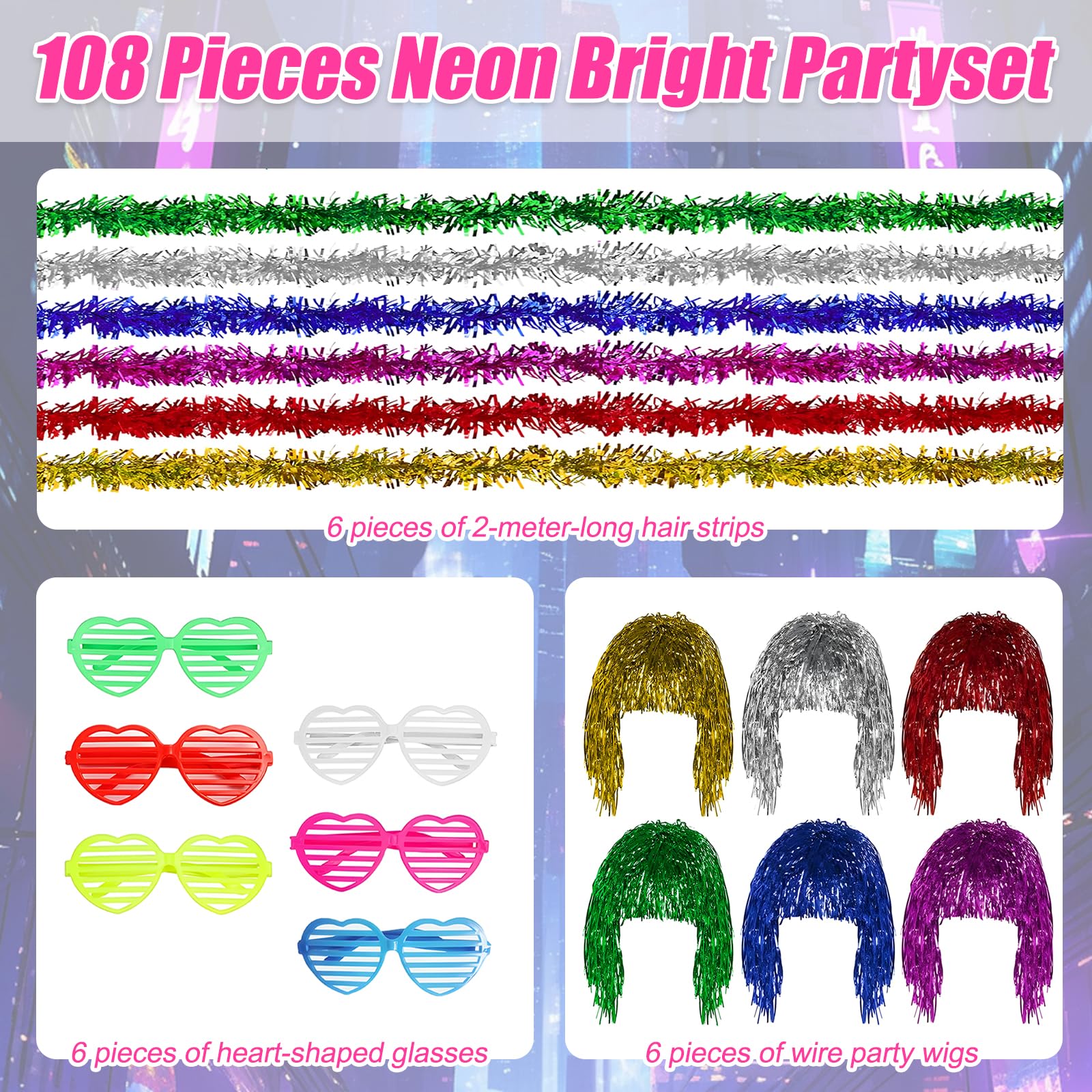 6 PCS Tinsel Wig, Party Wigs for Adults Comes with 6 Long Fur Strips and 6 Heart-Shaped Glasses, Reusable - Image 2