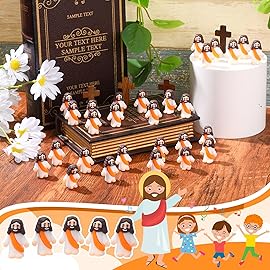 Bememo 25 Pcs Little Jesus Figures Original Design Mini Rubber Jesus Toys to Hide and Seek Religious Party Favors Sunday Baptism Gifts(Orange)