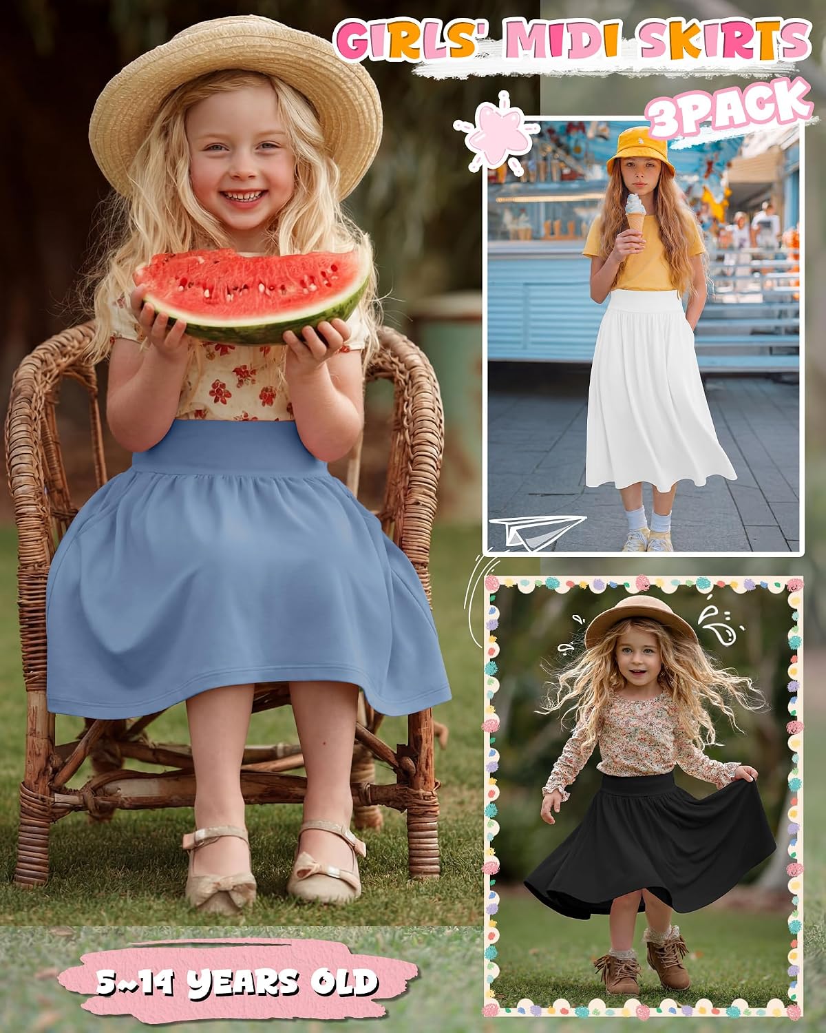Xaatren 3 Pack Girls' Knee Length Skirts 5-14 Years Teen Midi Pockets High Waist Kids Casual Flowy Swing A Line Summer Skirts