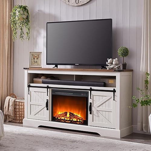 OKD Soporte de TV con chimenea para TV de más de 65 pulgadas, centro de entretenimiento Highboy Farmhouse de 33 pulgadas de alto con chimenea